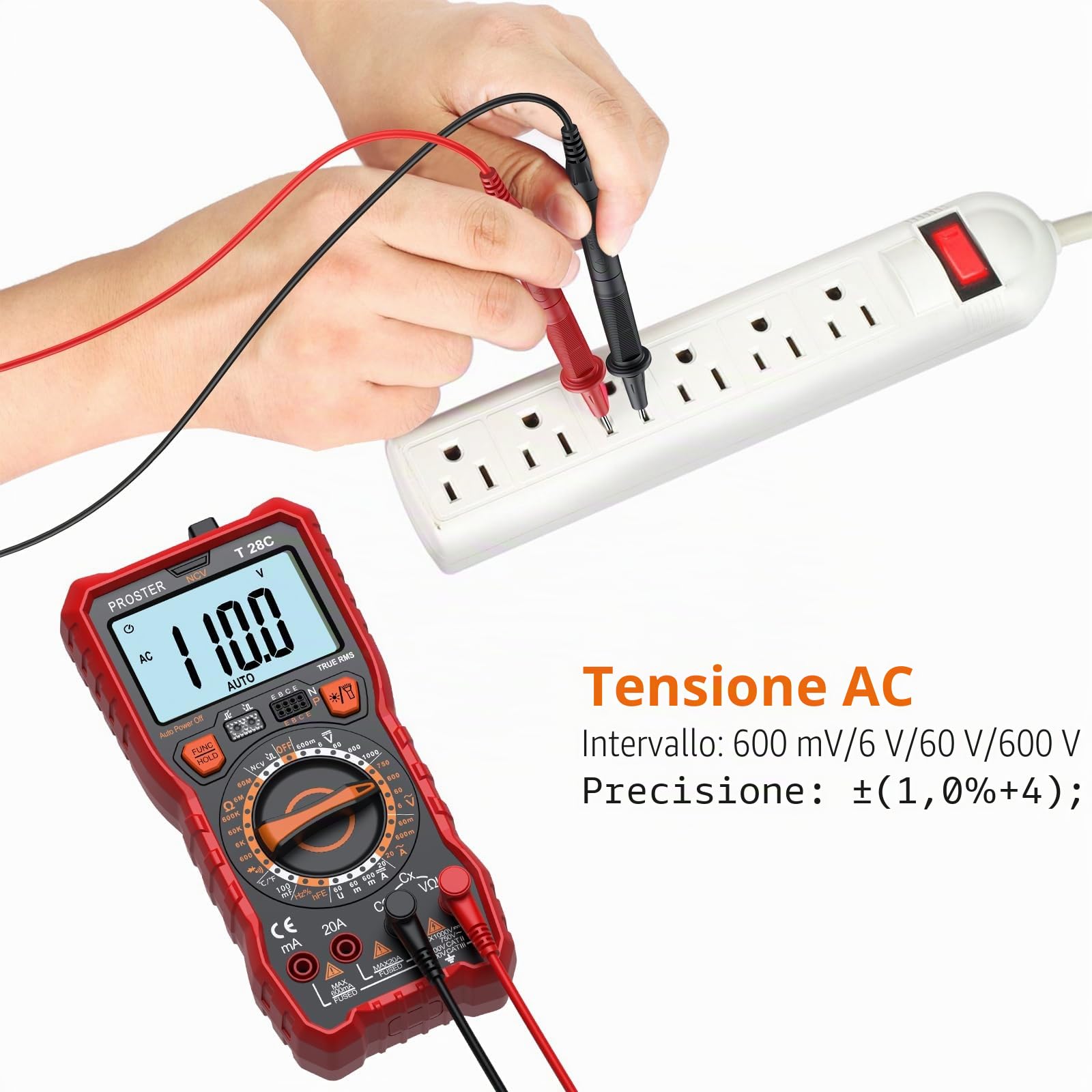 Proster Multimetro Digitale 6000 conti 20A 1000V TRMS Manuale Intervallo NCV Tensione CA/CC Corrente Resistenza Capacità Frequenza Diodo Continuità HFE Infrarossi con Magnete e Supporto