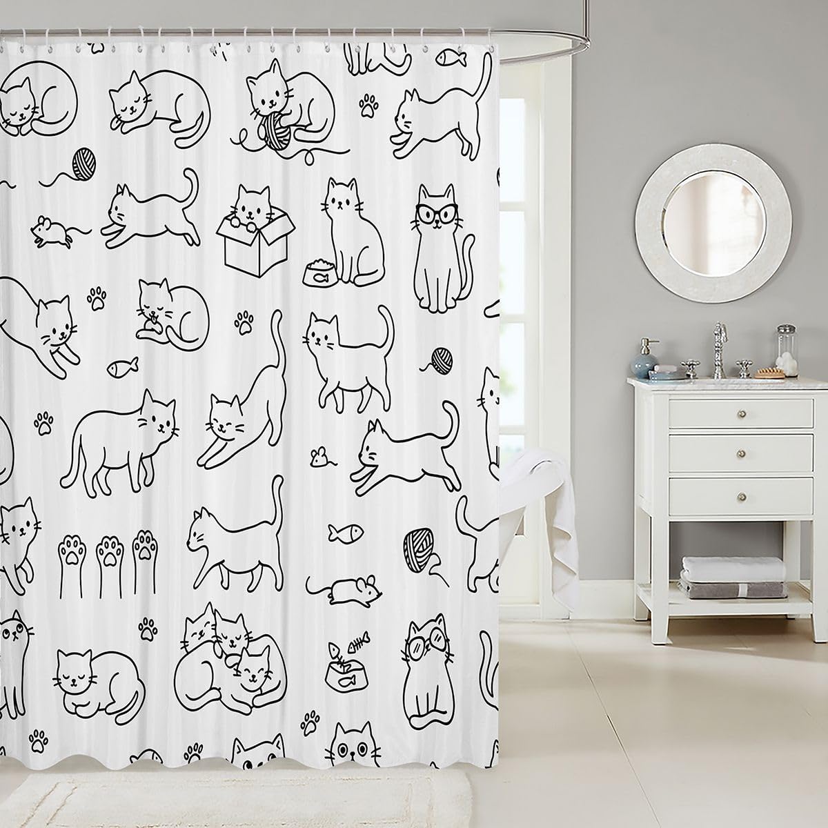 Erosebridal Cartoon Cats Shower Curtain 72" Wx72 L Hand Drawn Kitten Waterproof Bathroom Accessories Kawaii FUUNY Pet Bath Curtain for Bathroom Showers Mouse Fish Claws image 2