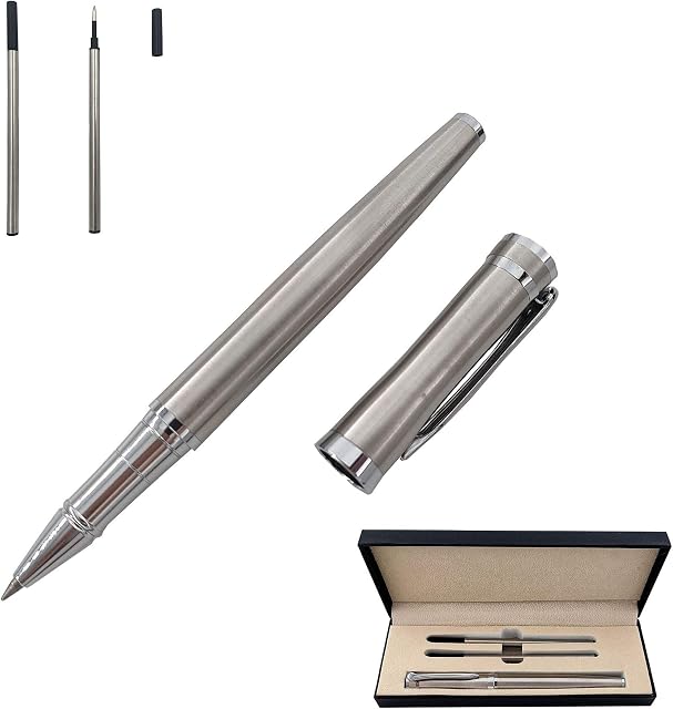 Accod Metal Ballpoint Pen Business Signature Pen Gel Pen with Two Black Refills Nice Gift for Friends and Family (Silver)