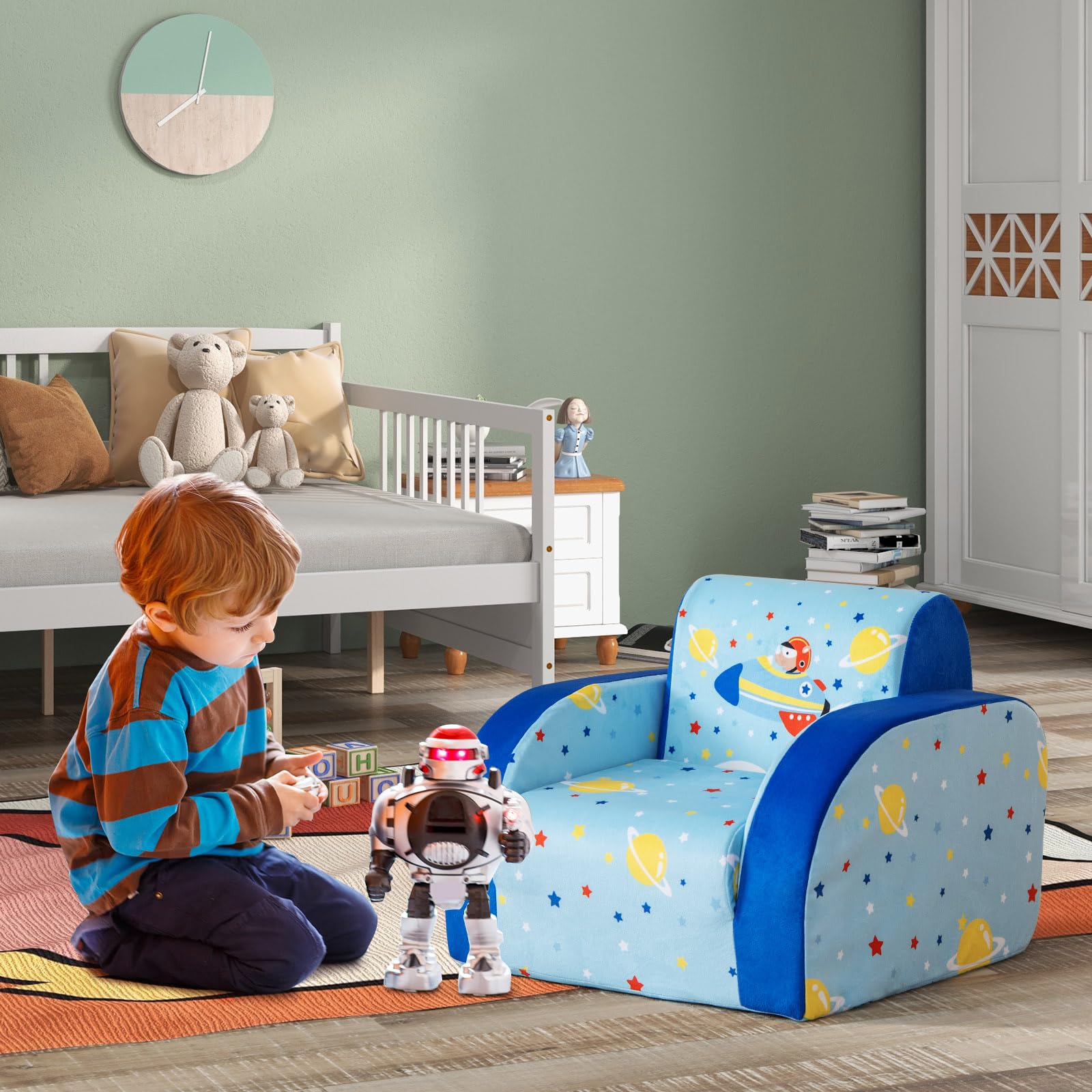 COSTWAY Sillones Infantiles Convertible 3 en 1, Sofá Cama para Niños con Asiento Acolchado de Espuma, Funda Protectora Extraíble, Sillón Reclinable Plegable para Niños de 0-5 Años (Azul, avión)