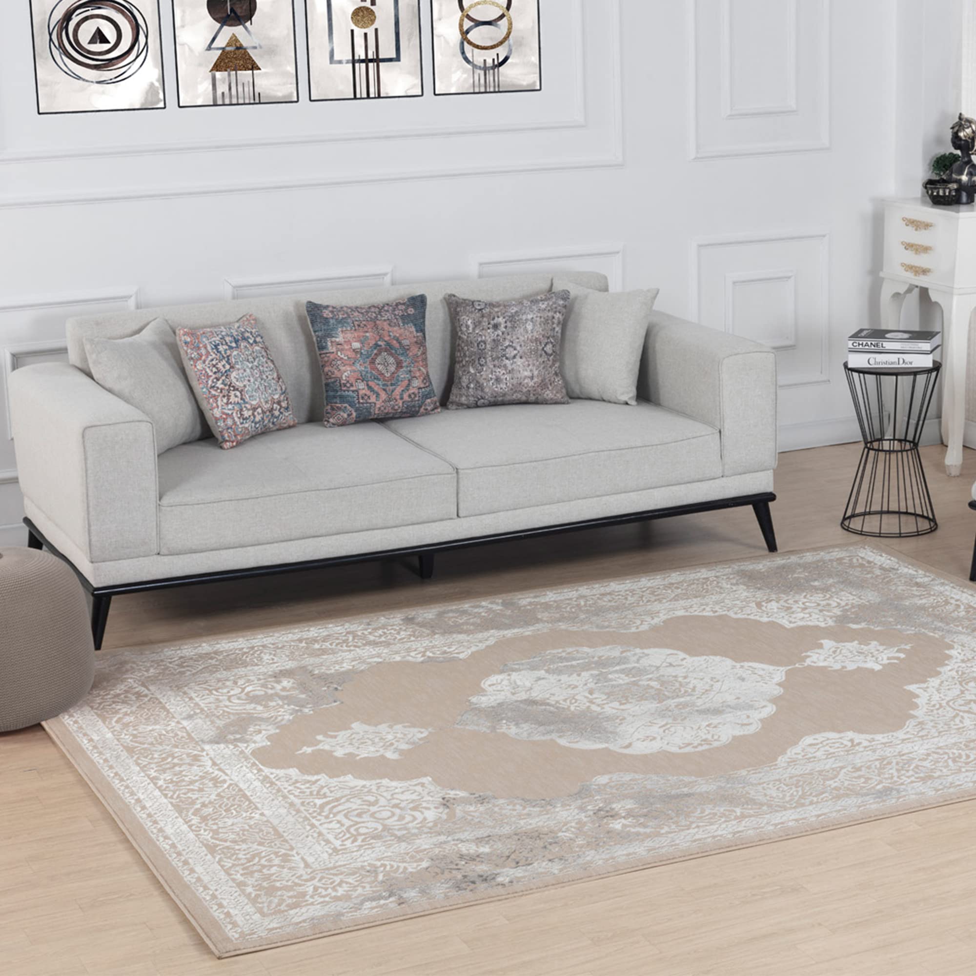 Livabliss Azra Tangier Vintage Carpet 160x213 cm, Living Room & Bedroom, Scandi Neutral, Traditional Boho Pattern, Easy Care Pile, Beige