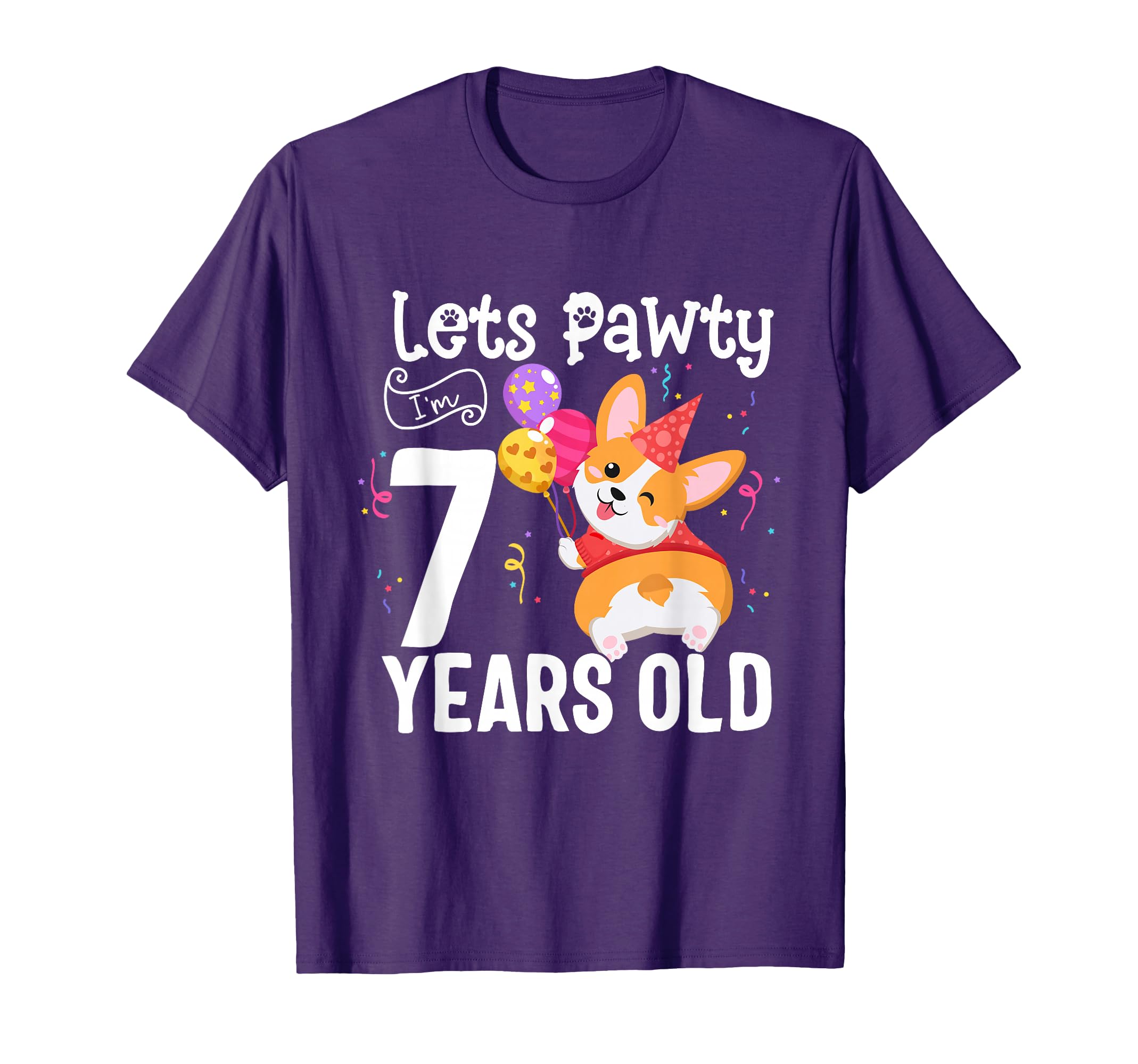 Lets Pawty I'm 7 Years Old Corgi Dog Lover 7th Birthday Kids T-Shirt