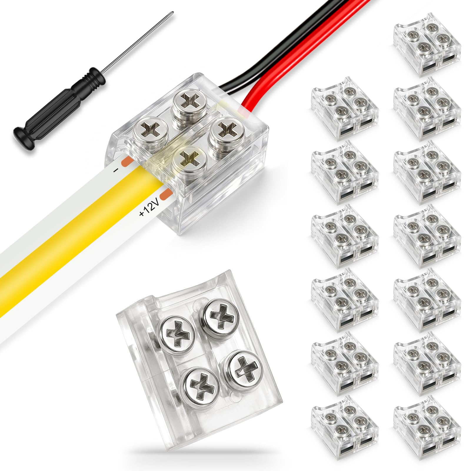 RESHAKE 15 Pack LED Strip Connectors 2 Pin 8mm Solderless, Transparent LED Tape Light Connectors, Strip to Wire LED Connectors with Screwdriver for 12V 24V Single Color COB/SMD LED Light Strips