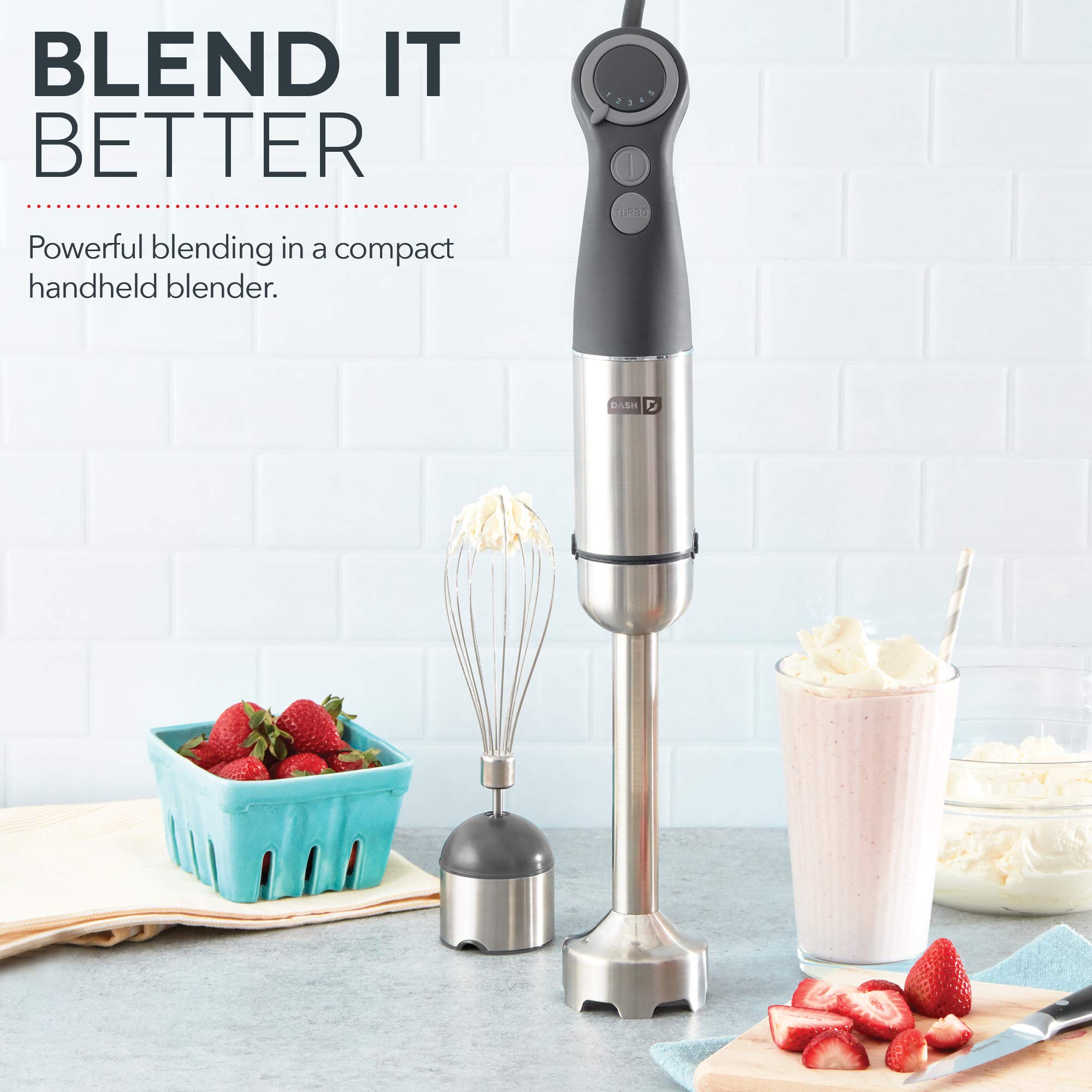 Dash Chef Series Batidora de mano de inmersión, licuadora de varilla de 5 velocidades con cuchillas de acero inoxidable, accesorio para batidor y guía de recetas, gris frío
