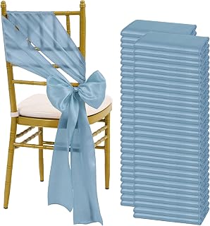 fani Dusty Blue Satin Chair Straps Bows,120 PCS 7x108 Inch,Chair Sash