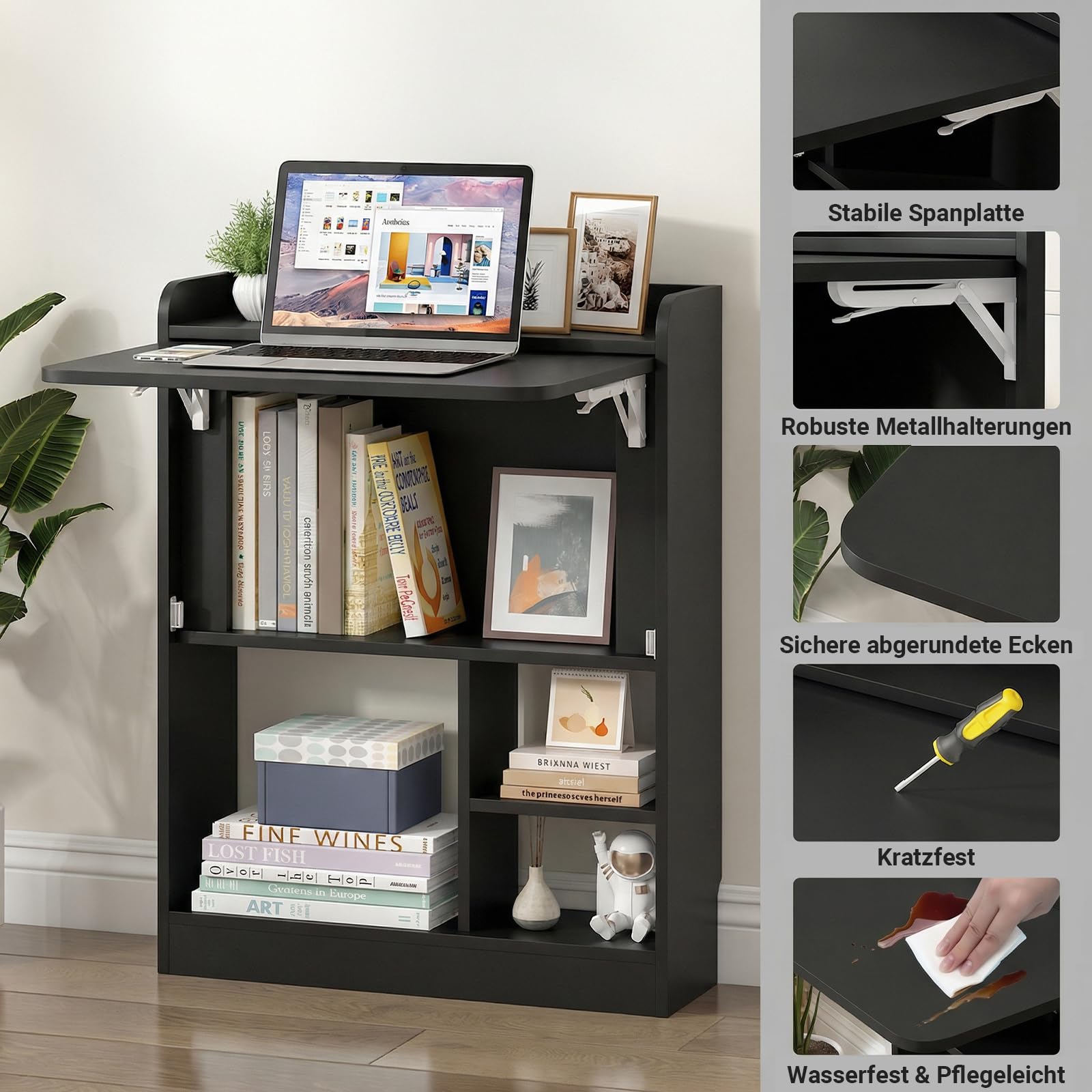 Schreibtisch Klappbar, Wandschreibtisch mit Ablagen & Regalfächern, Schwebender Laptoptisch & Klappbarer Wandtisch, Platzsparender Computertisch für Homeoffice & Büro, 64x20x82cm (Schwarz)