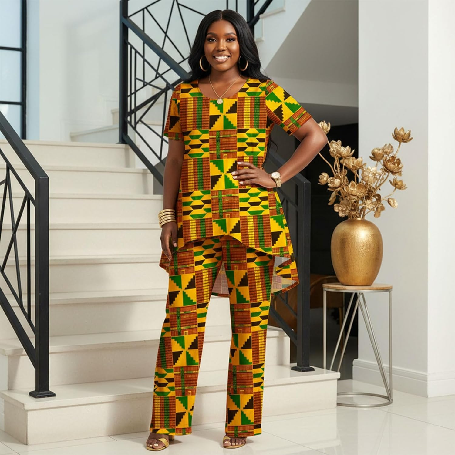 African Print 2PC Set Short Sleeve Top with Wide Leg Pants Traditional Kente Pattern Plus Size Lounge Sets for Women - Image 2