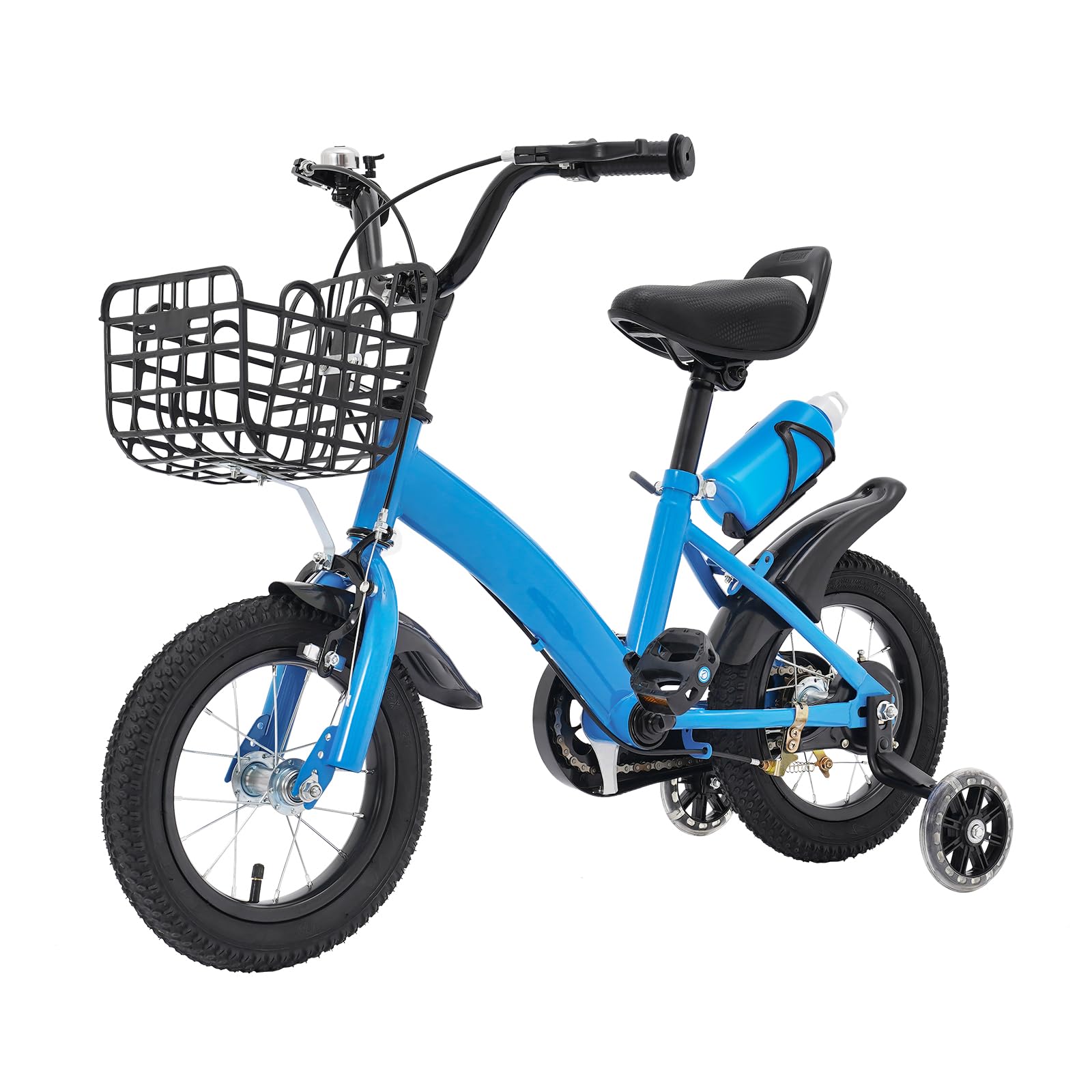 Bicicleta infantil de 12 pulgadas para niños y niñas, 2-5 años, altura ajustable, con ruedas estabilizadoras, cesta y botella de agua, freno delantero y trasero, protector de cadena, rueda