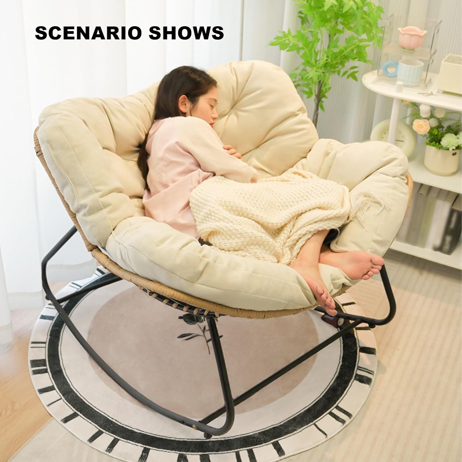 Indoor Rocking Chair, Rattan Wicker Recliner Chair, Comfy Rocking Chair for Bedroom, Living Room, Porch, Garden, Lawn (Color : Off-White)