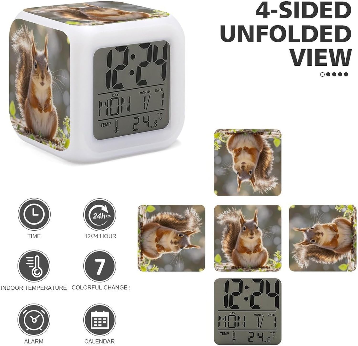 Squirrel Funny Animal Digital Alarm Clock for Heavy Sleepers Small Wake Up Digital Clock with Date Temperature 7 Colors Changing Desk Clock for Bedroom Bedside Nightstand