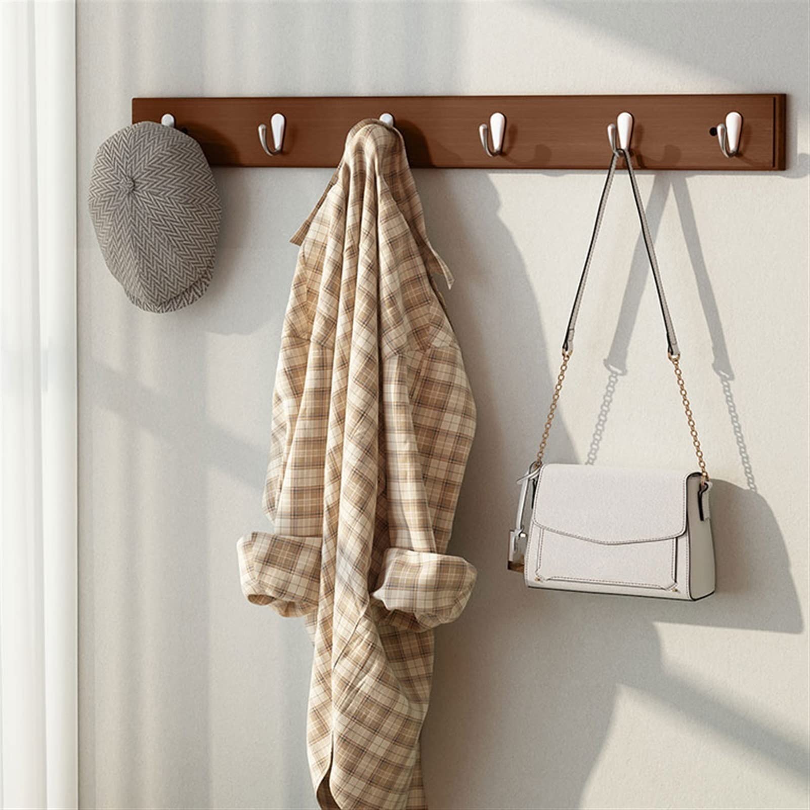 perchero-sombrero Percha de capa, colgante de pared, gancho de ropa, bastidor de bolsas, gancho de la fila de pared detrás de la puerta, gancho de capa de madera marrón, riel de gancho de abrigo perch