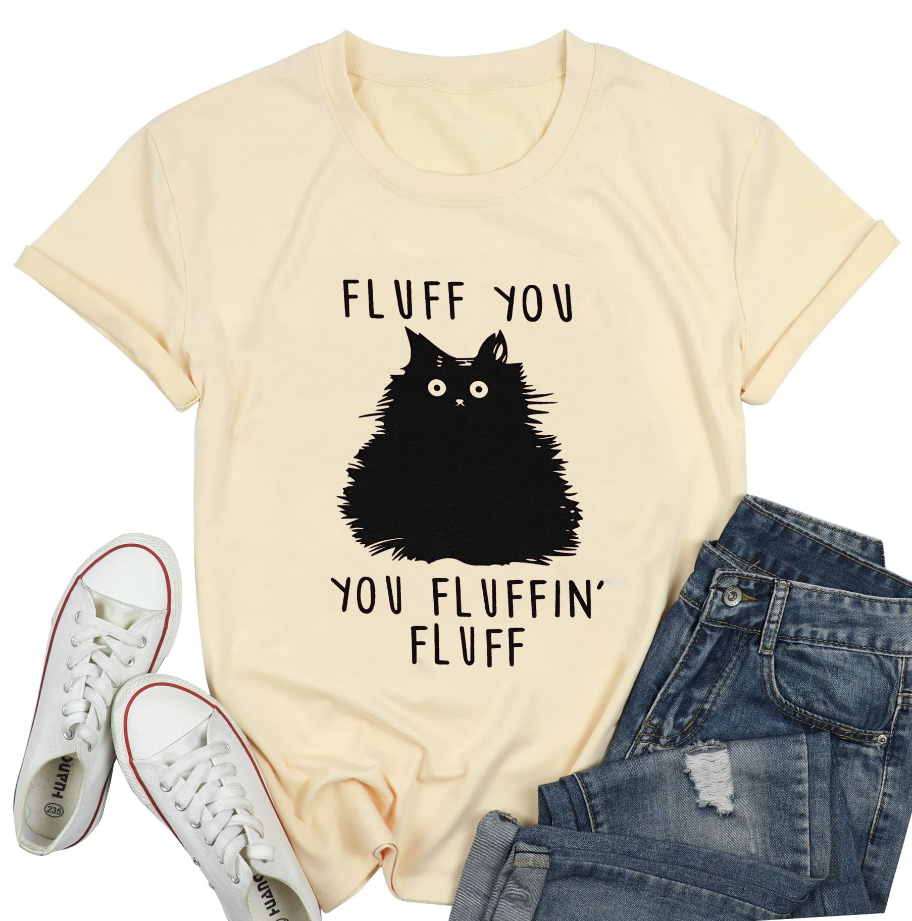 DUTUTFunny Cat Shirt for Women Cat Mama Sarcastic T-Shirt Cat Lover Gift Tees Tops, Light Yellow, XXL