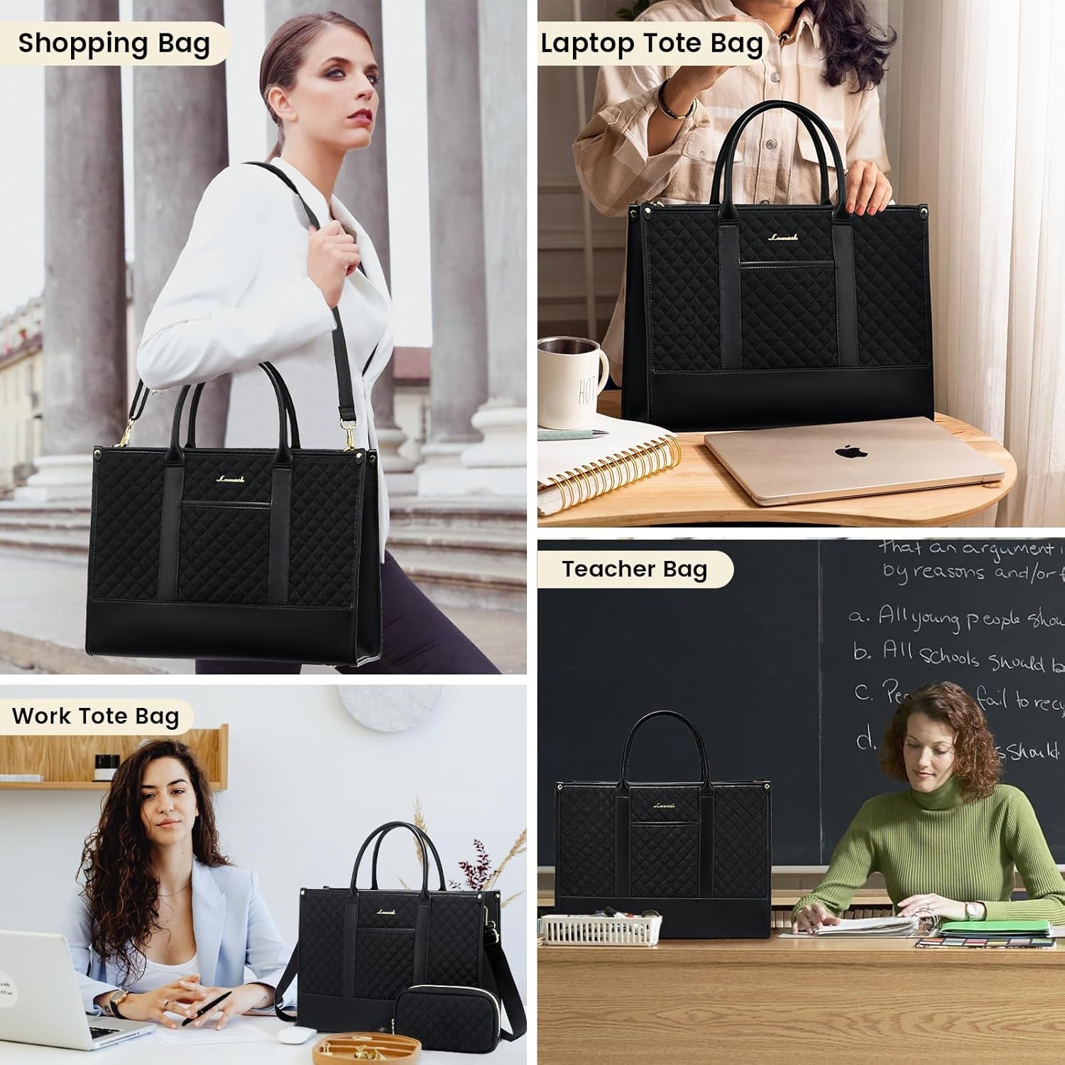 LOVEVOOK Laptop Bags for Women, 17 inch Waterproof Work Tote Bag with Clutch, Professional Teacher Computer Purse Lightweight Shoulder Bag Travel, Quilted Black - Image 7