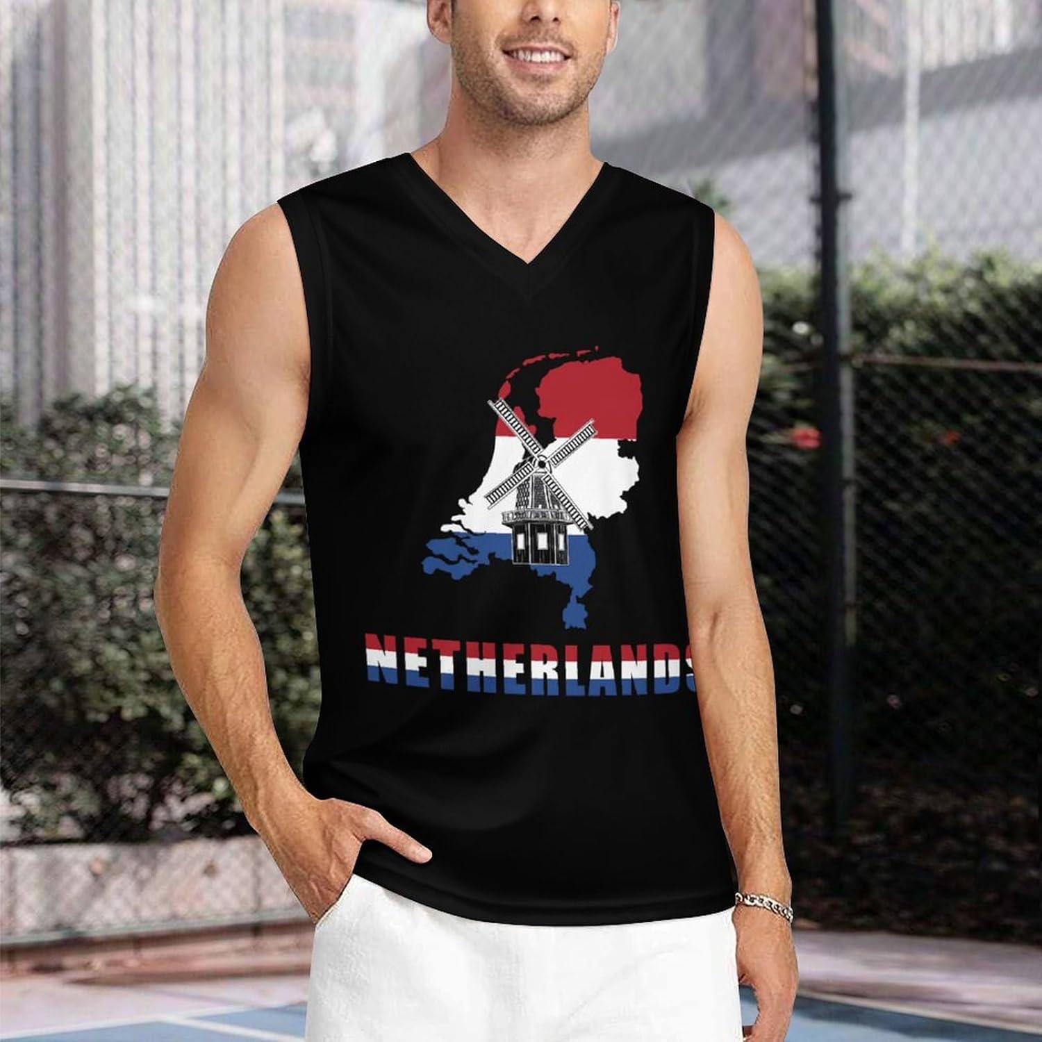 Netherlands Map Flag with Windmill Men's V-Neck Basketball Tank Top Sleeveless Workout Tank Shirts Gym Fitness Tees Vest