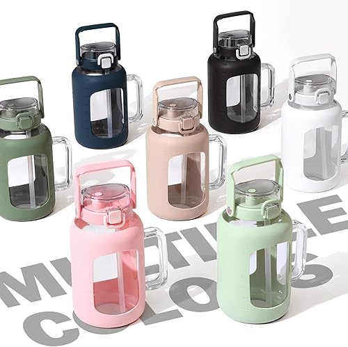 Miniatura 7 de Botella de agua de vidrio de 64 onzas, vasos de vidrio con popote y asa, taza con funda de silicona, botella de agua de medio galón de boca ancha