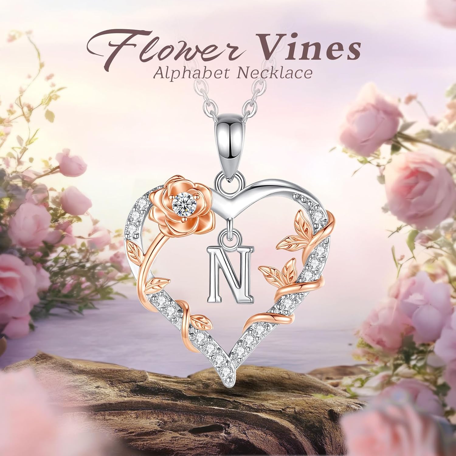 EUDORA Rose Heart Initial Necklace for Women Letter Alphabet Initial Necklaces Copper Rhodium Plated Pendant with Cubic Zirconia, Initials Jewelry Gifts for Women Wife Mother, 18" - Image 9