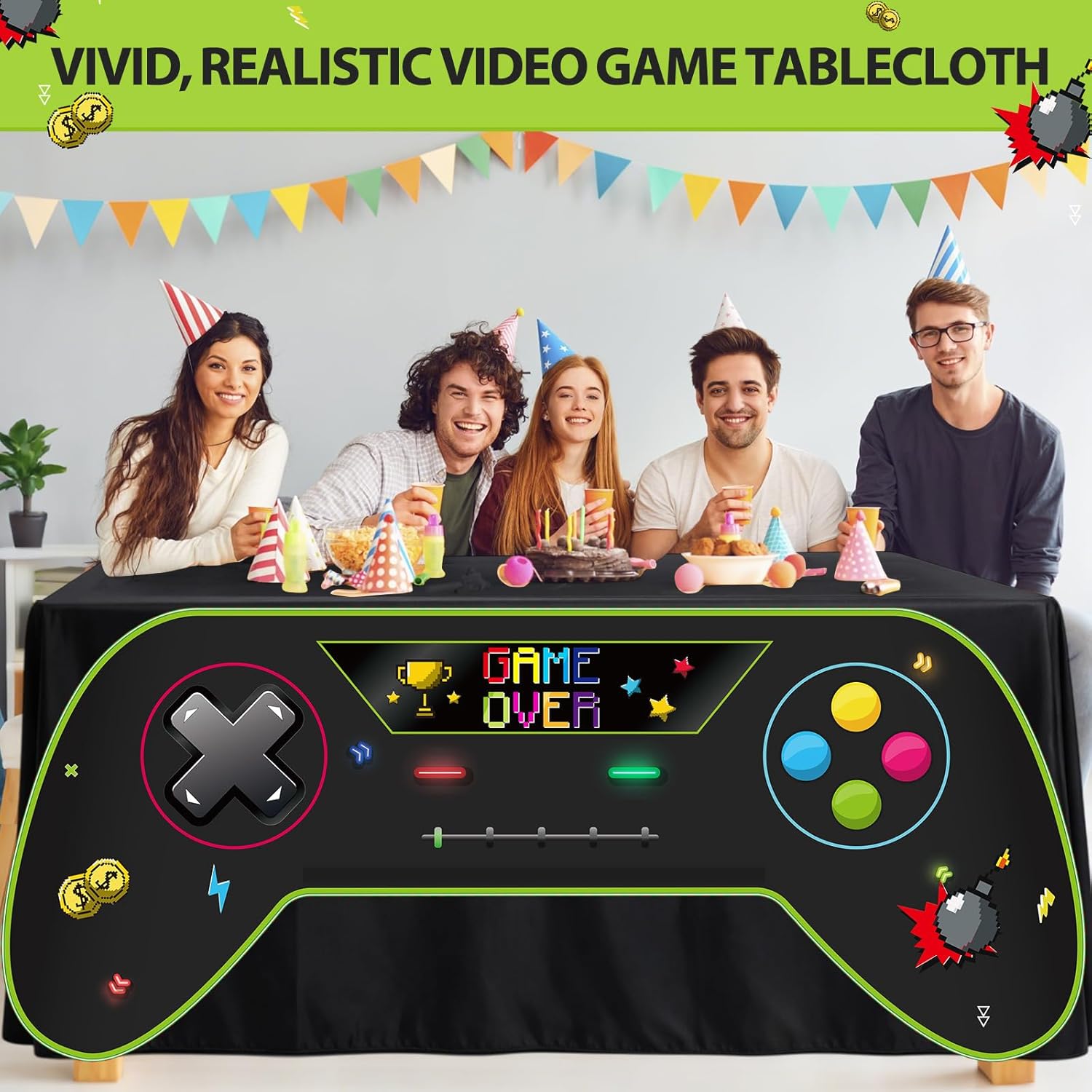 Shappy 2 Pcs Video Game Tablecloth Decor 85 x 132 Inch Gaming Theme Tablecloth 6 ft Game Controller Shaped Decoration Polyester Washable Gaming Party Table Cover for Gamer Player Birthday Party Decor