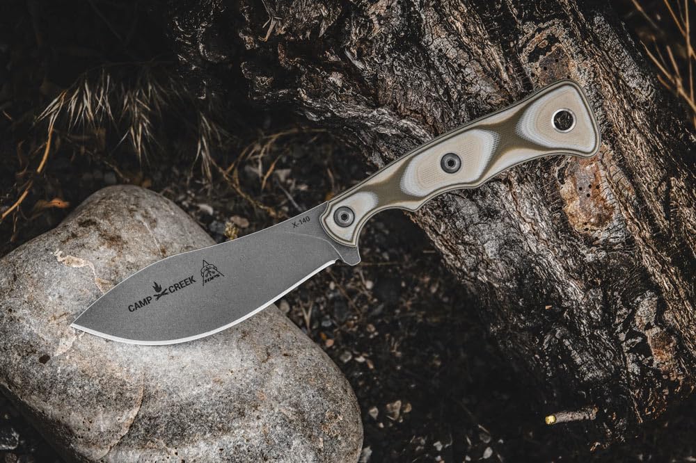 Tops Knives Camp Creek Full Tang Fixed Blade- Tumble Finish Blade Finish- Coyote Tan Kydex Sheath w/Dangler (Camo G10 Handle)