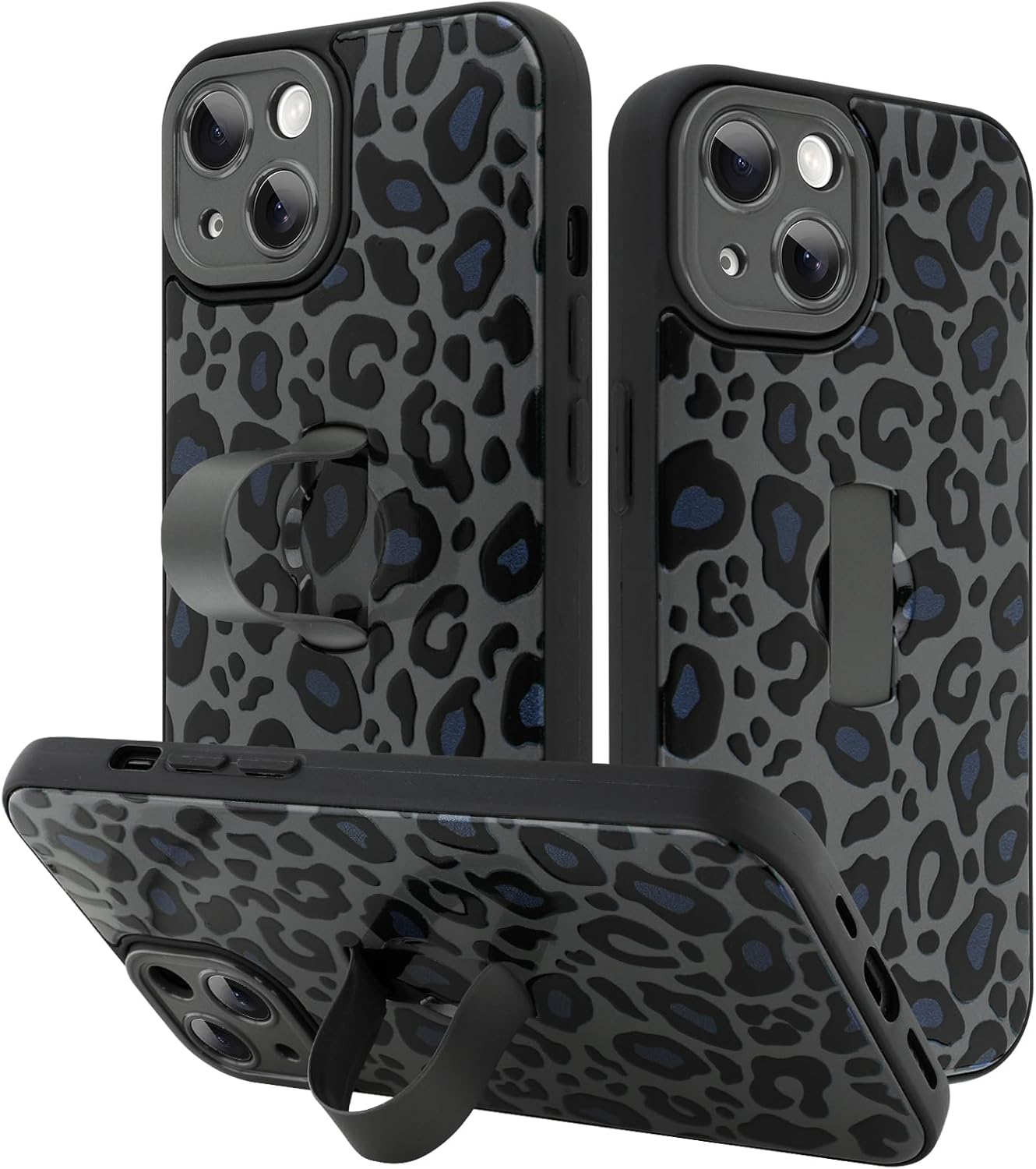 KANGHAR for iPhone 14 Case Black Leopard Print Pattern Cute Cheetah Wristband Stand Phone Cover for Women Girls Men Shockproof Slim Protective Cover for iPhone 14 6.1 Inch