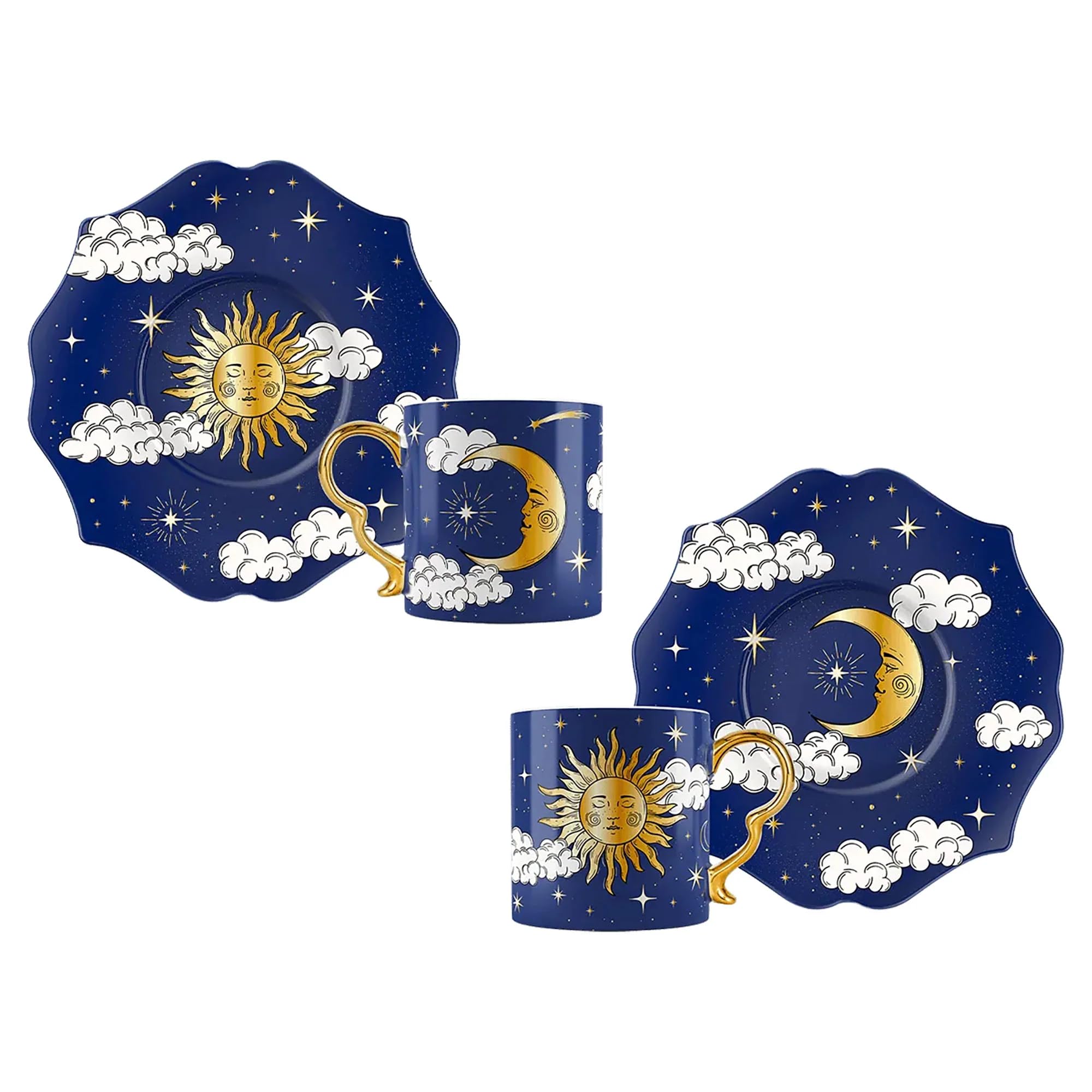 Bialetti Juego de 2 tazas de café + 2 platillos Cielo Estrellado Azul Cerúleo Luna y Sol