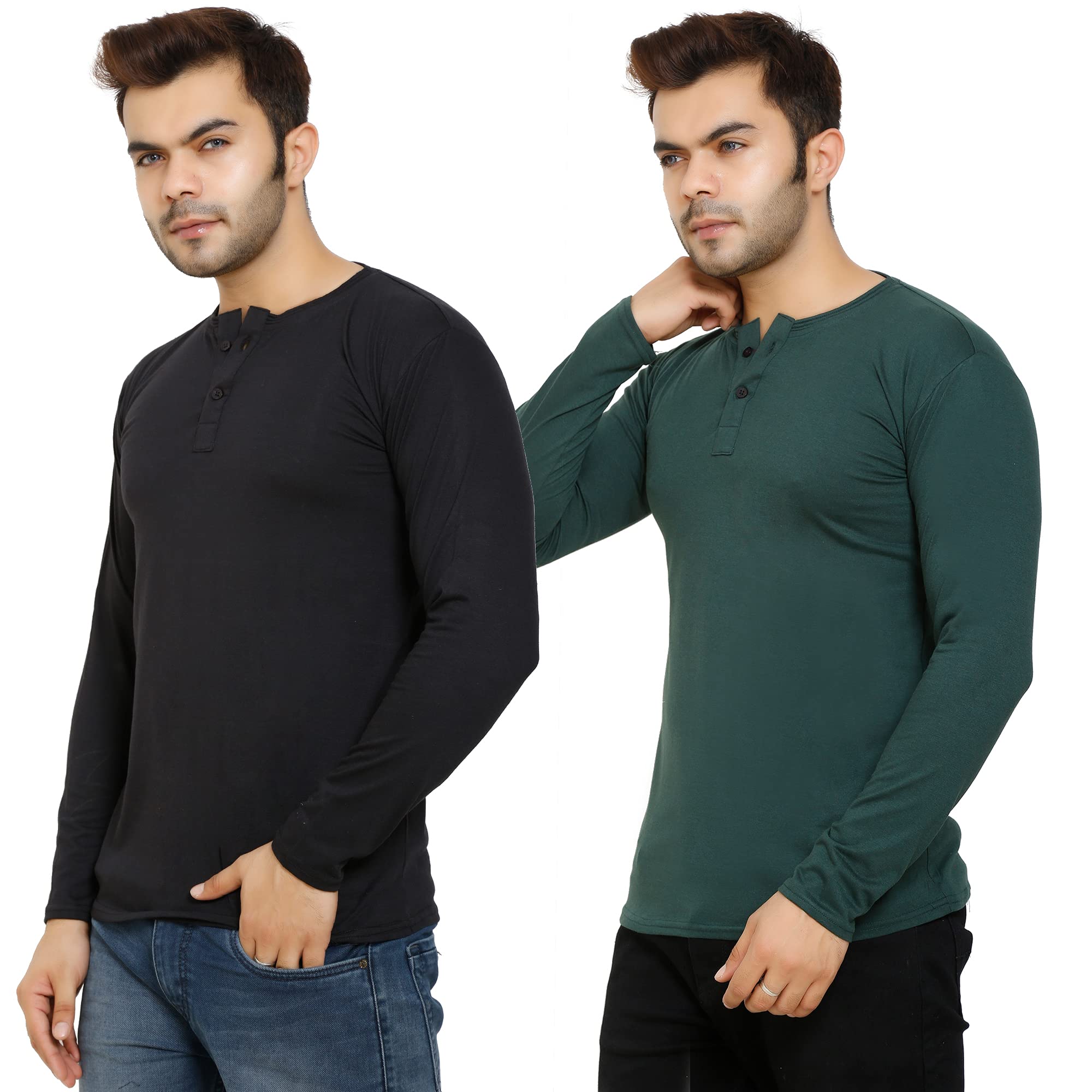 Qordial Men's Cotton Regular Fit Full Sleeves Tshirt | Pack of 2 | Black | T2G_Button_BK_GR_P