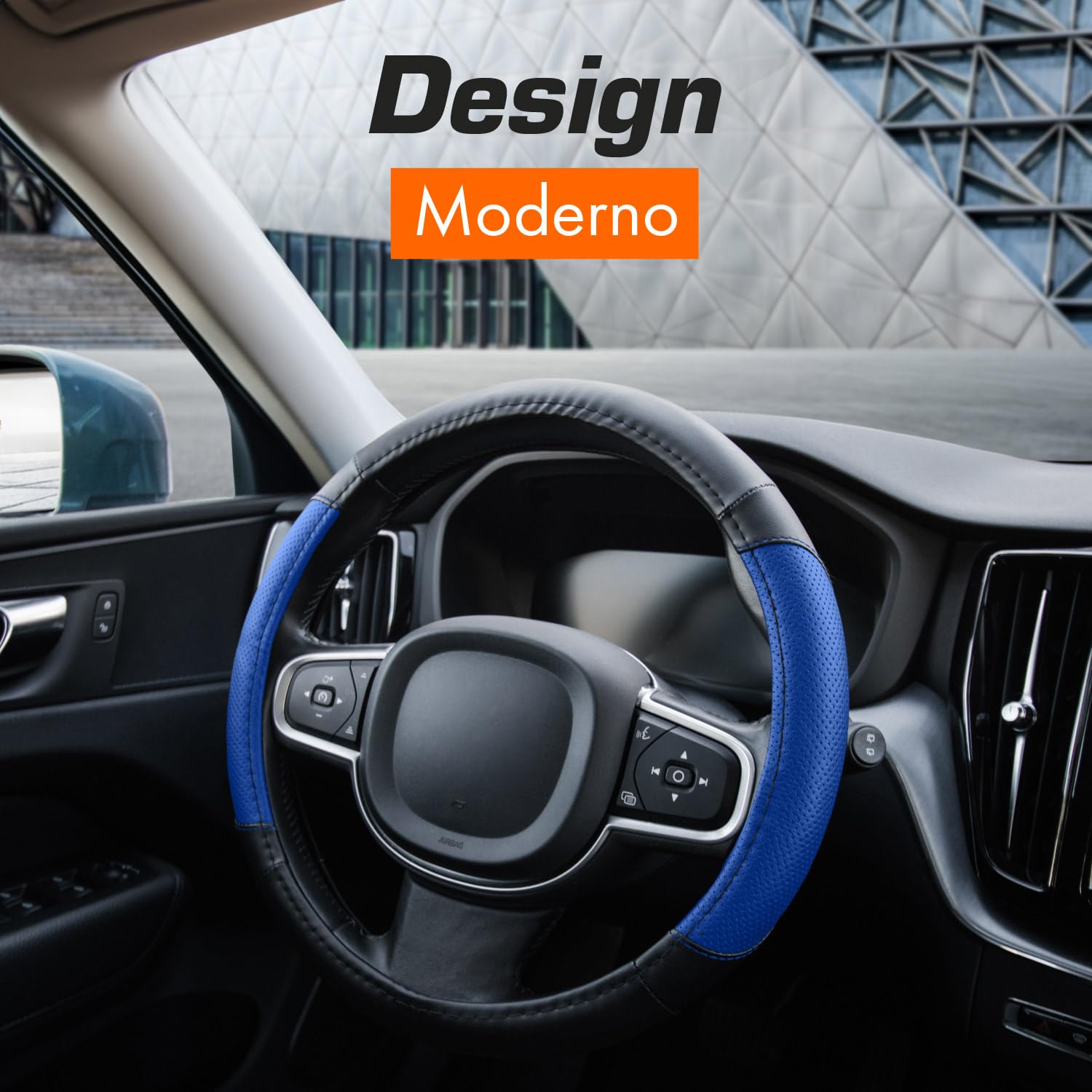 Upgrade4cars Coprivolante Auto Universale Nero Blu in Finta Pelle | Copertura di Volante Diametro 37-38 cm | Accessori Auto Interno | Regali per Donna e Uomo
