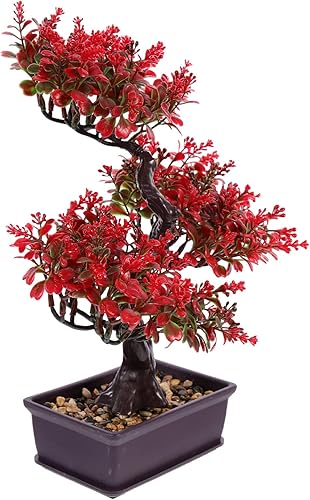 HOMSFOU Plantas artificiales en maceta para decoración del hogar, árbol bonsái sintético rojo, pequeñas plantas falsas para decoración de cocina,