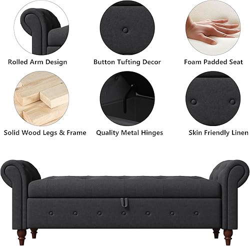 Miniatura 28 de Aoowow Banco de almacenamiento de 63 pulgadas para dormitorio, extremo de la cama, sofá otomano enrollado de tela de terciopelo armado, banco largo