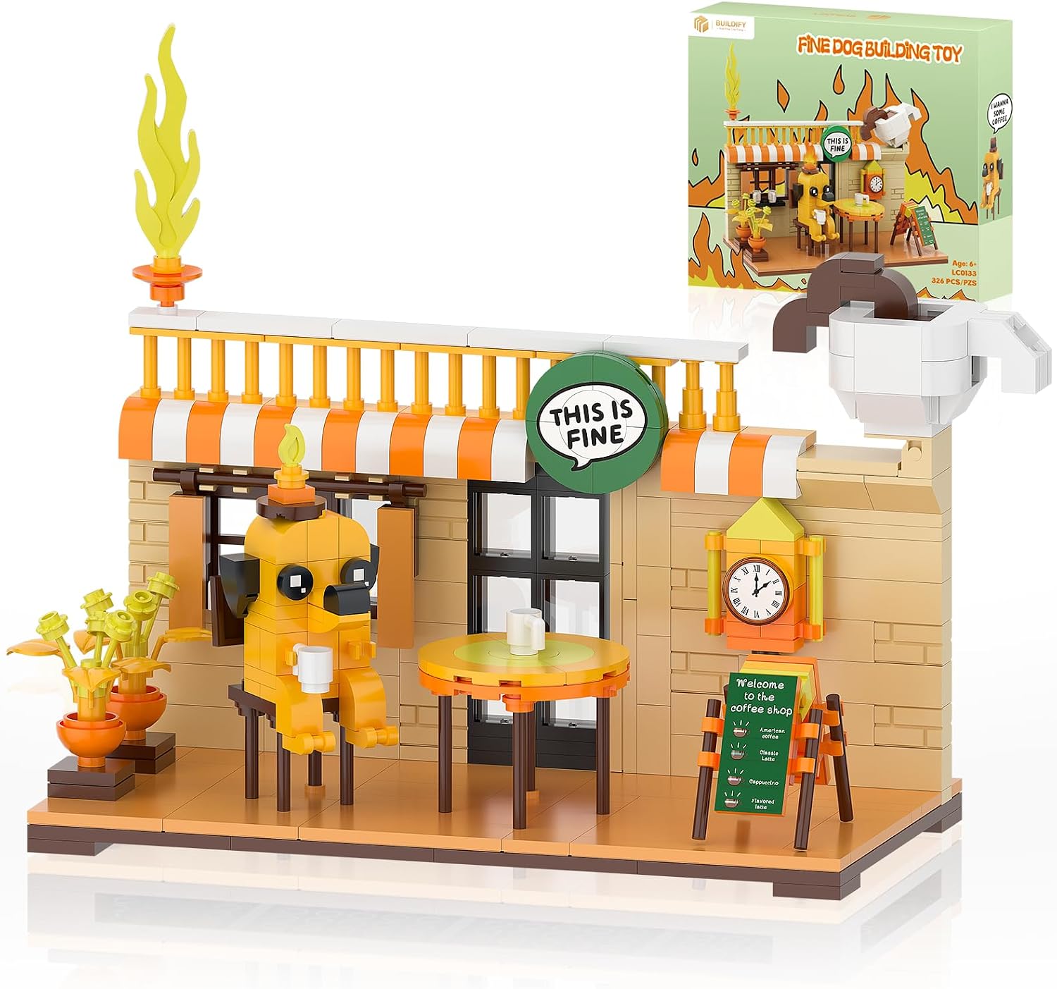 This is Fine Dog Building Blocks Set, Funny Meme Character Coffee Fire Cartoon Dog Building Kit for Desk Decor, Comics Birthday Christmas White Elephant Gifts for Adults Boys Girls