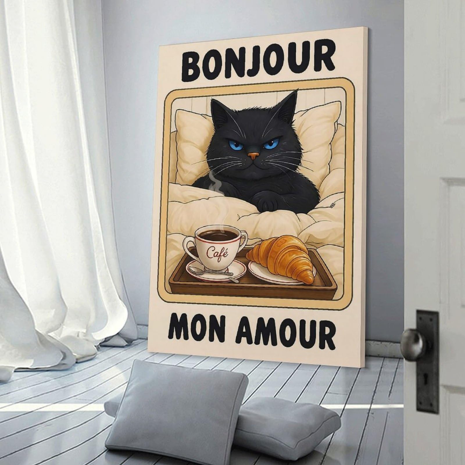Junmoney Cat Bonjour Mon Amour Room Decor Wall Art 24x36inch(60x90cm), for Entrance Walls, Hall Decor Or Foyers, A Neat Decor Update for Hallways