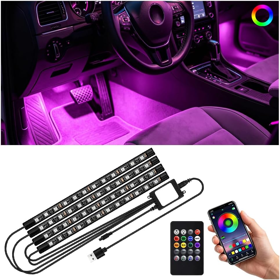 Car Interior LED Light with Wireless Remote & APP Control, Vehicle Under Dash Footwell Light with Music Sync Mode, USB Port Automotive Inside Ambient Strip Lighting, Universal Fit (48 LED)