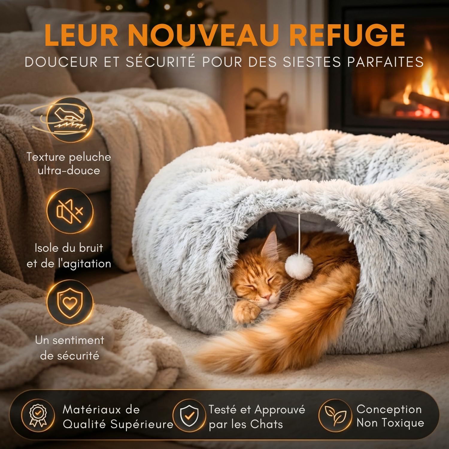 One PETS-TOP Tunnel Chat Rond XXL en Peluche Douce – Lit Tunnel Cachette Confort – Cabane Intérieure pour Chat – Cat Tunnel (Gris Perle)