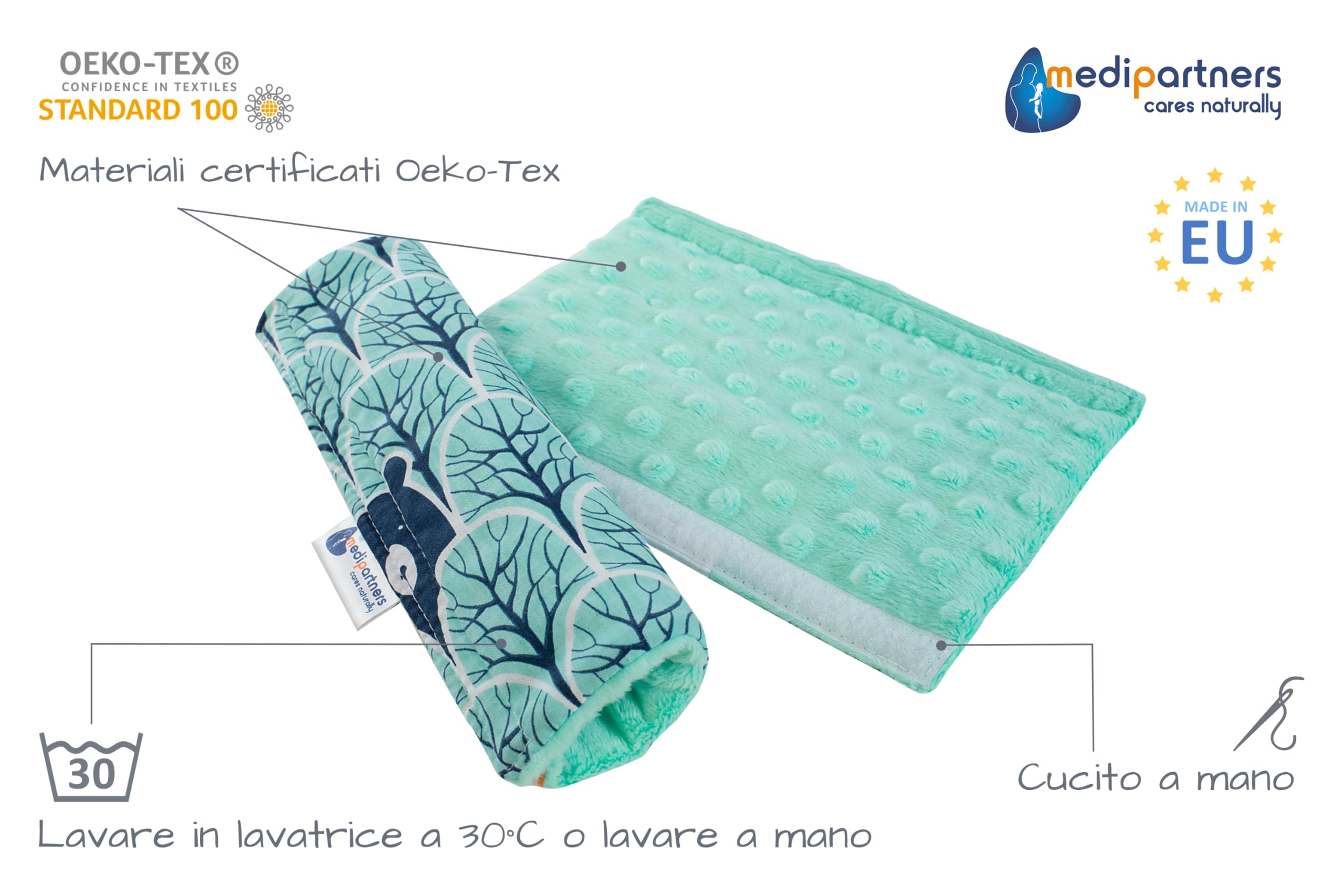 Medi Partners Copri Cintura di Sicurezza 2 Pezzi Auto Copricintura Bambini Car Cuscino 17x22cm 100% Cotone Minky Cinture Kids Copri Seggiolino Protezione (Forest con menta Minky) - 2