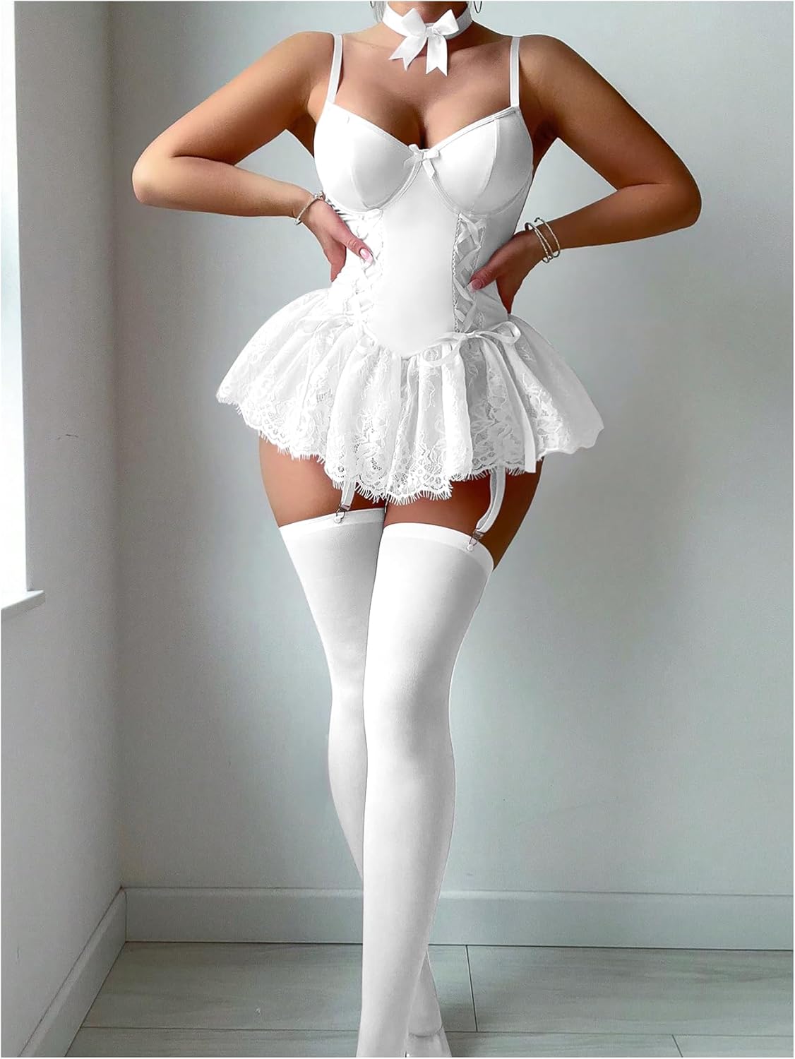 SHENHE Women's Lace Babydoll Garter Lingerie Dress with Thong and Stockings Set - Image 5