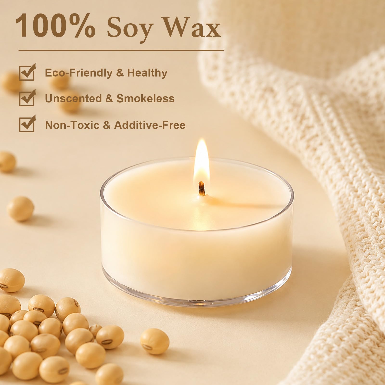 Candele tealight in cera di soia, 100 pezzi, durata 4 ore, candele bianche senza fumo, atossiche, senza paraffina, in acrilico trasparente, per matrimoni, casa, emergenze e cene