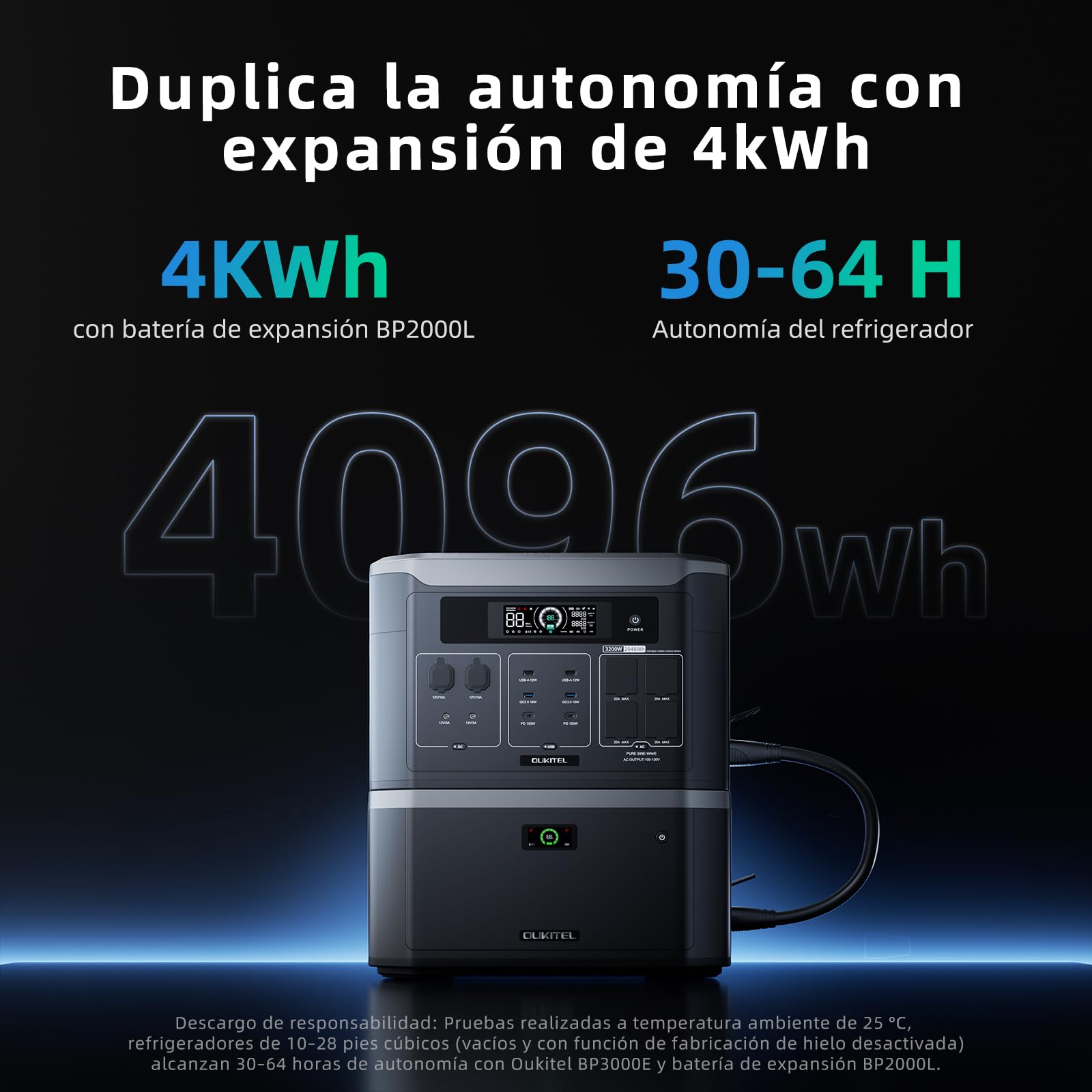 OUKITEL BP3000E Estación de Energía Portátil 3200W, Batería LiFePO4 de 2048Wh (Expandible a 16384Wh),Generador Solar para Emergencias en el Hogar, Power Station con Panel Solar para Camper