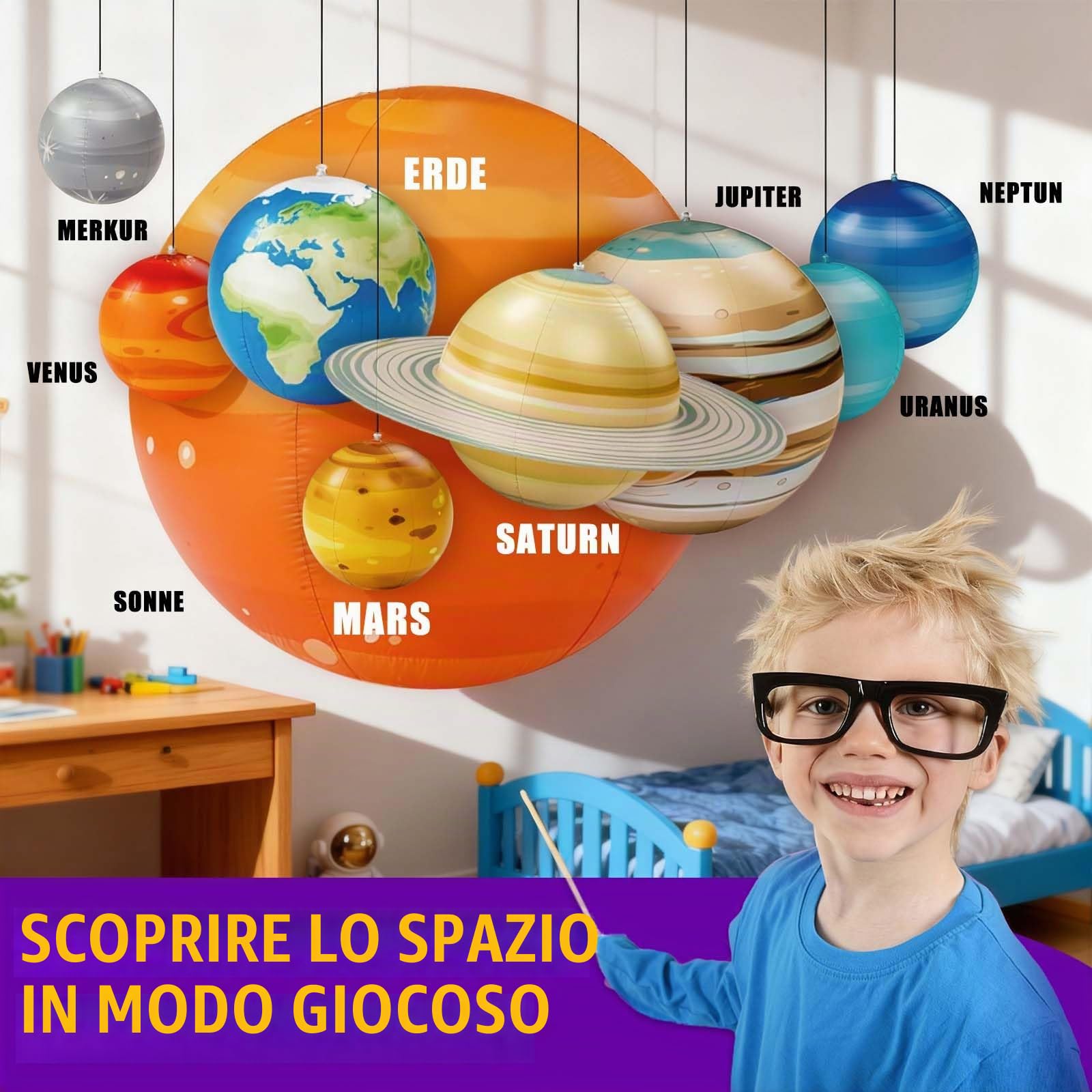 Jumbo, set di 9 pianeti gonfiabili da appendere, con pompa ad aria, cavo per appendere e carte di conoscenza per cameretta dei bambini, compleanno e aula