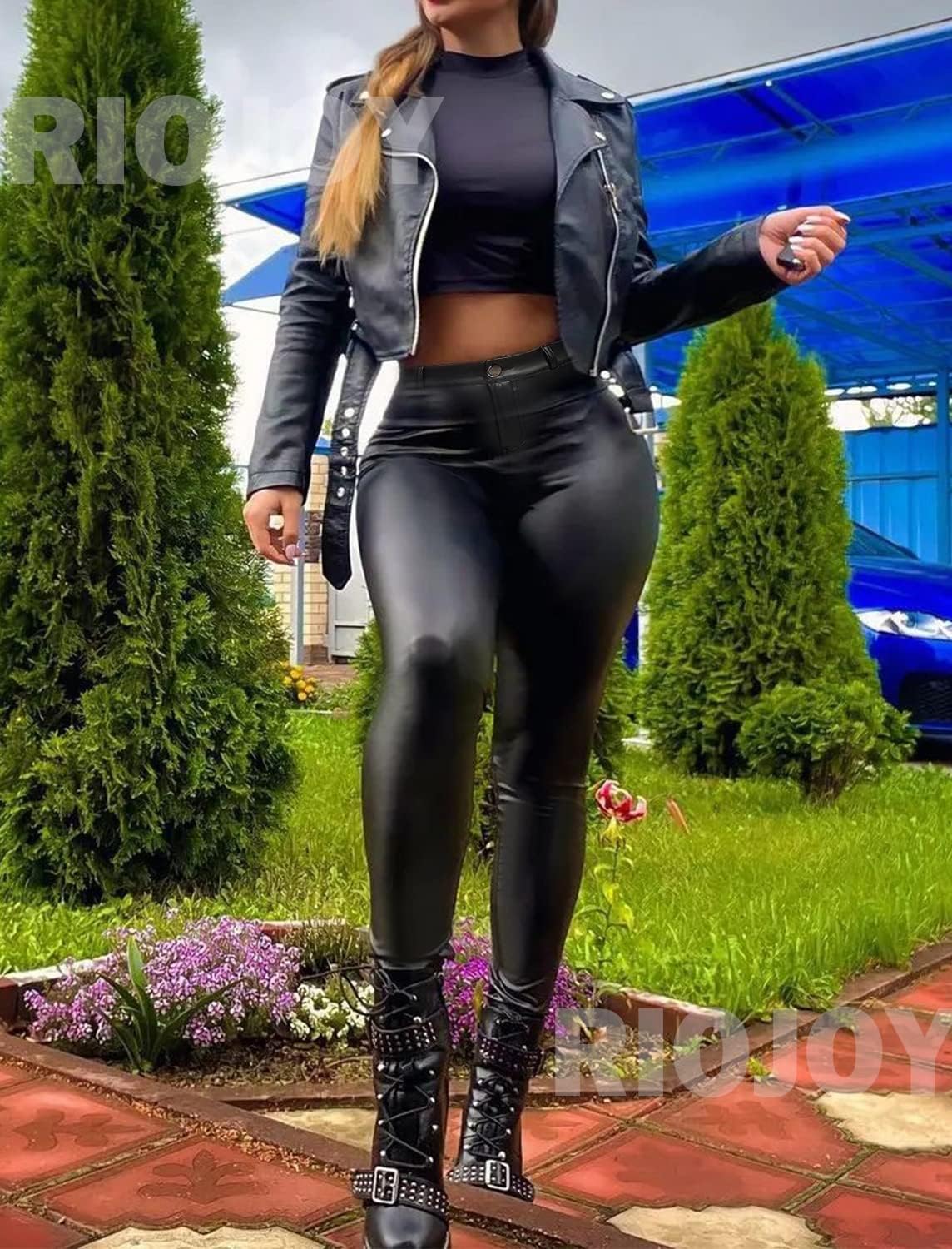 RIOJOY Womens Sexy Leather Leggings PU High Waist Butt Lifting Pleather Pants Stretchy Faux Leather Tights Push Up - Image 3