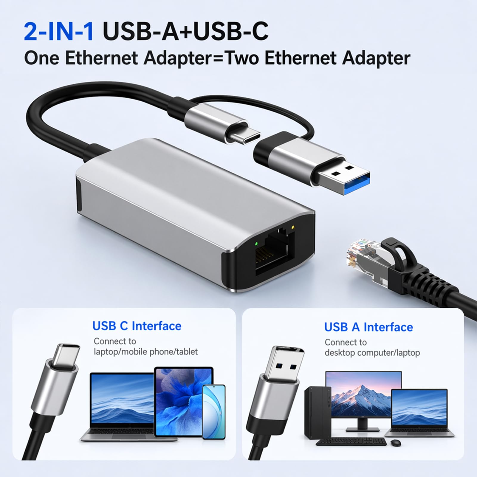 Adapter USB C Ethernet 1000 Mbps, USB 3.0 na RJ45 Gigabit adapter sieciowy, typ C LAN adapter do laptopów, tabletów, smartfonów PC