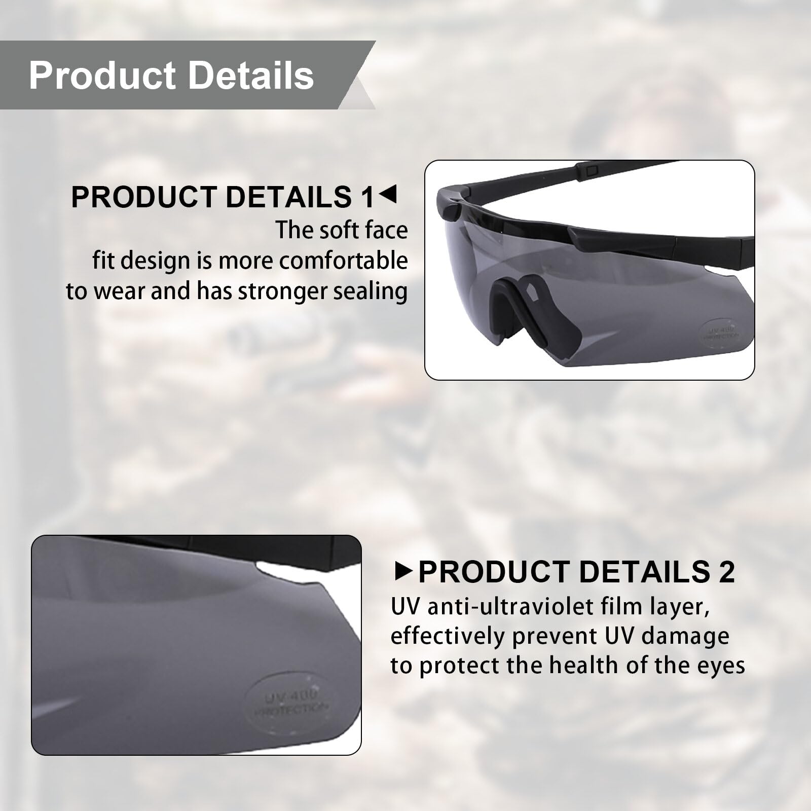 Aicharynic Gafas de tiro con 3 lentes intercambiables, gafas de protección con lentes transparentes antivaho y resistentes a los arañazos, ajustables, resistentes a los golpes, protección láser