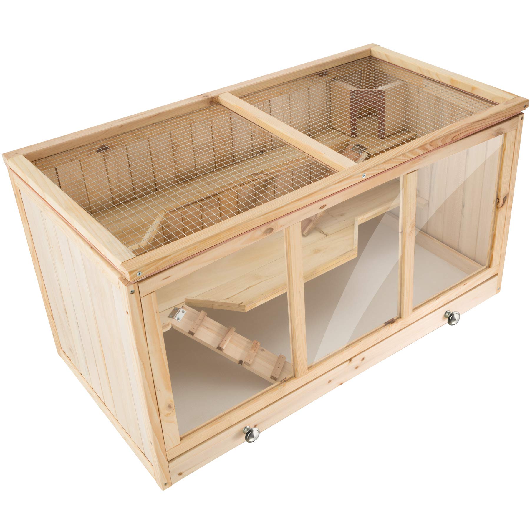 TecTake 403230 Nagerkäfig aus Holz mit Häuschen, Bewegungsfreiheit durch mehrere Etagen, aufklappbares Dachgitter, Schaufenster aus Kunststoffglas