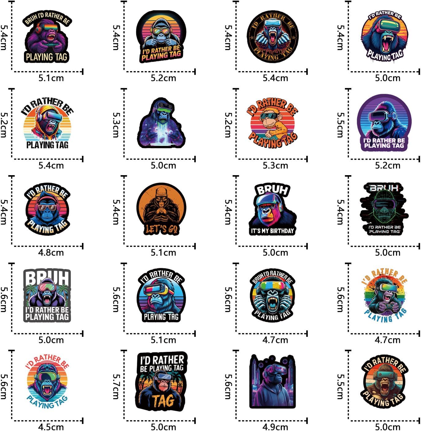 55Pcs I'd Rather Be Playing Tag Sticker VR Game Gorilla Stickers Scrapbook Sticker Waterproof Vinyl for Laptop, Water Bottle, Skateboard, Scrapbooking, Party Favors