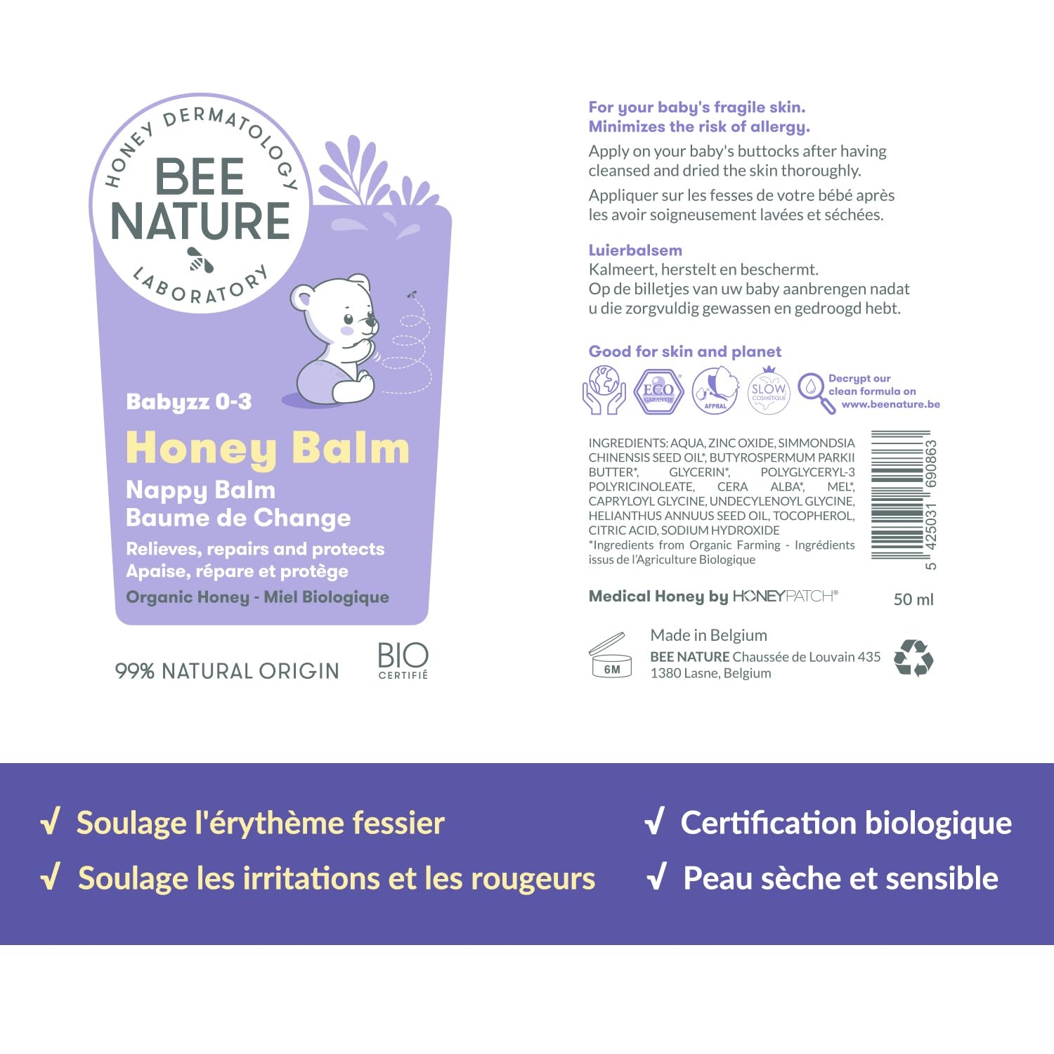Bee Nature - Crème Change Bébé Bio - Soulager l'érythème Fessier, l'irritation et les Rougeurs - 99% Naturelle - YUKA 100/100 - Apaise et Régénère - Baume au Miel de Change - 2 Pièces(2 * 50ml)