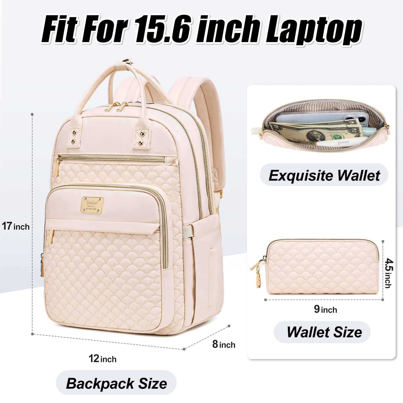 Tealari Laptop Backpack for Women,15.6 Inch Laptop Backpack for Work,Water Resistant Travel Backpack,College Bookbag with Wallet (Beige)