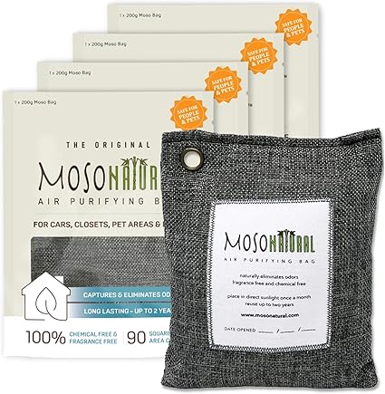 MOSO NATURAL: The Original Air Purifying Bag 200g (4 Pack) for Cars, Closets, Bathrooms, Pet Areas. an Unscented, Chemical-Free Odor Eliminator (Charcoal)