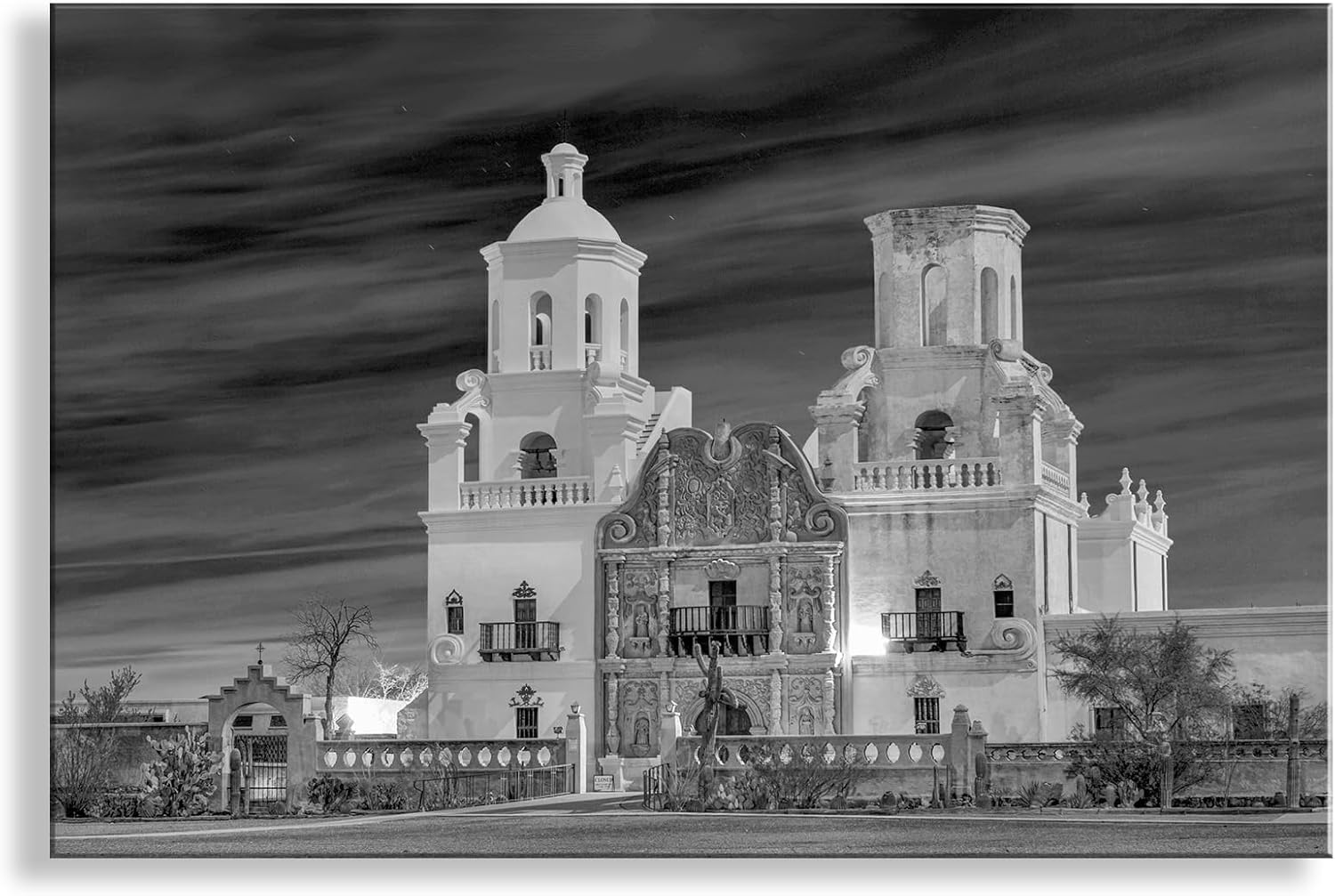 Black and White Photograph of San Xavier Tucson Arizona at Night as Southwestern Architecture Art Print