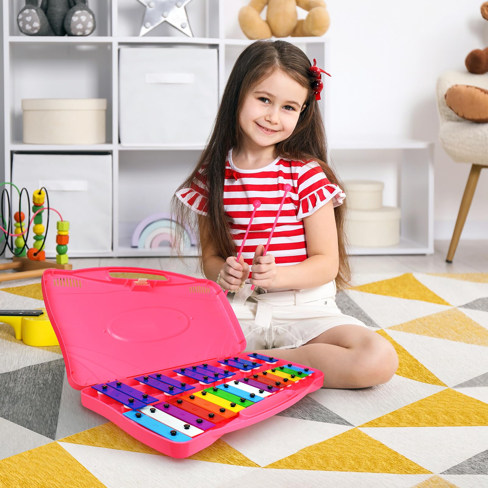 Glockenspiel - Xilófono - 25 notas coloridas teclas metálicas con mazos, instrumento musical de percusión, enseñanza de música educativa para principiantes, rosa
