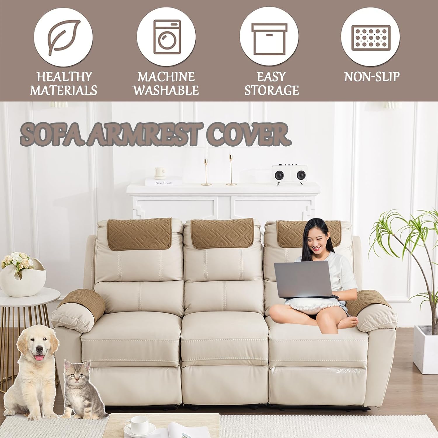 Sofa Armrest Cover, Headrest Cover for Recliner Chair Arm Cover, Armchair Slipcover with Pockets, Nonslip Quilted Furniture Protector for Pets Leather Sofa Couch (Khaki(Style B),3 Seater(5pcs))