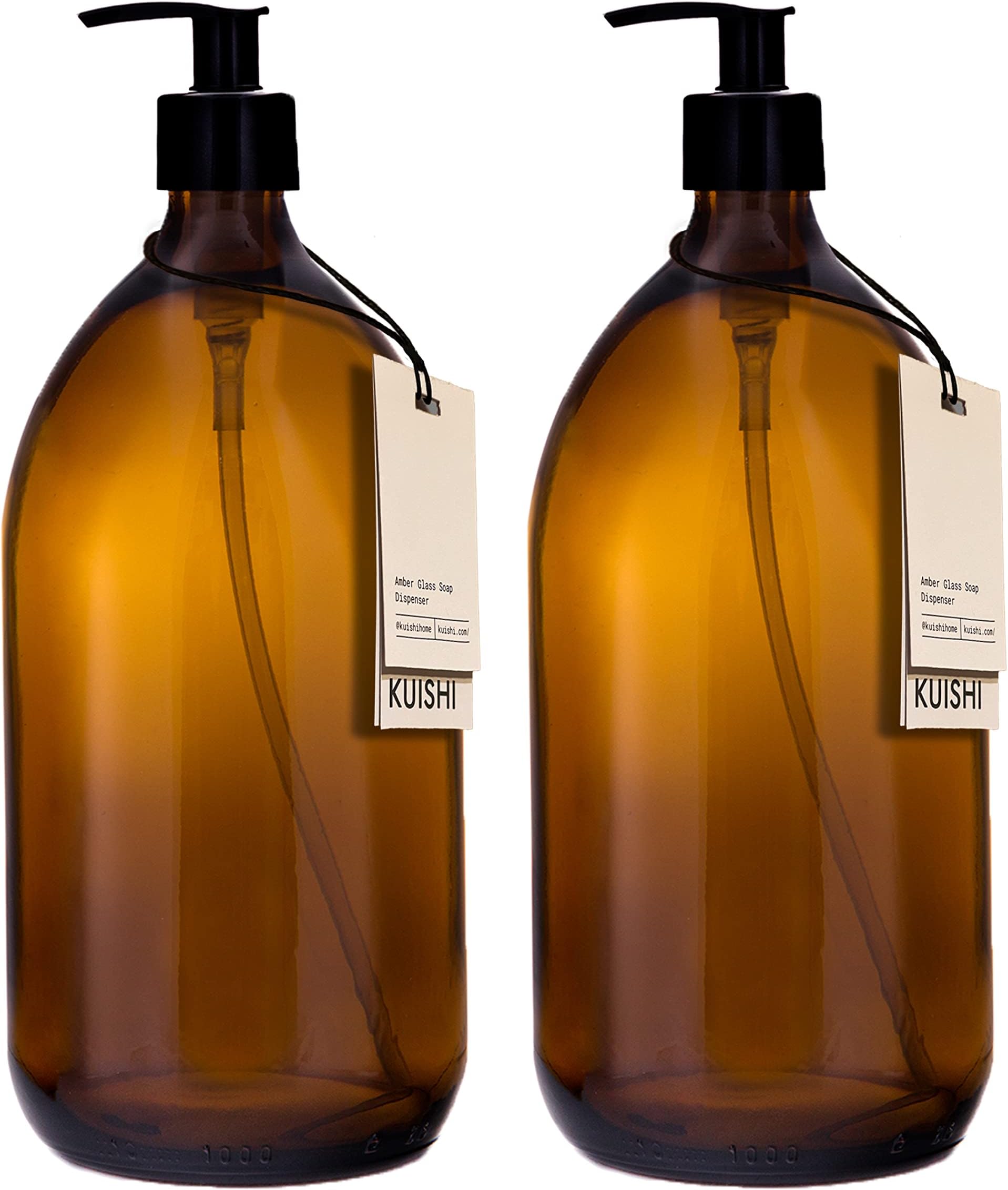 Kuishi Amber Brown Glass Pump Bottle Dispenser 1000ml [Pack of 2], Refillable Amber Glass Soap Dispenser Bottle with Black Plastic Pump for Reducing Plastic Waste (BPA-Free)