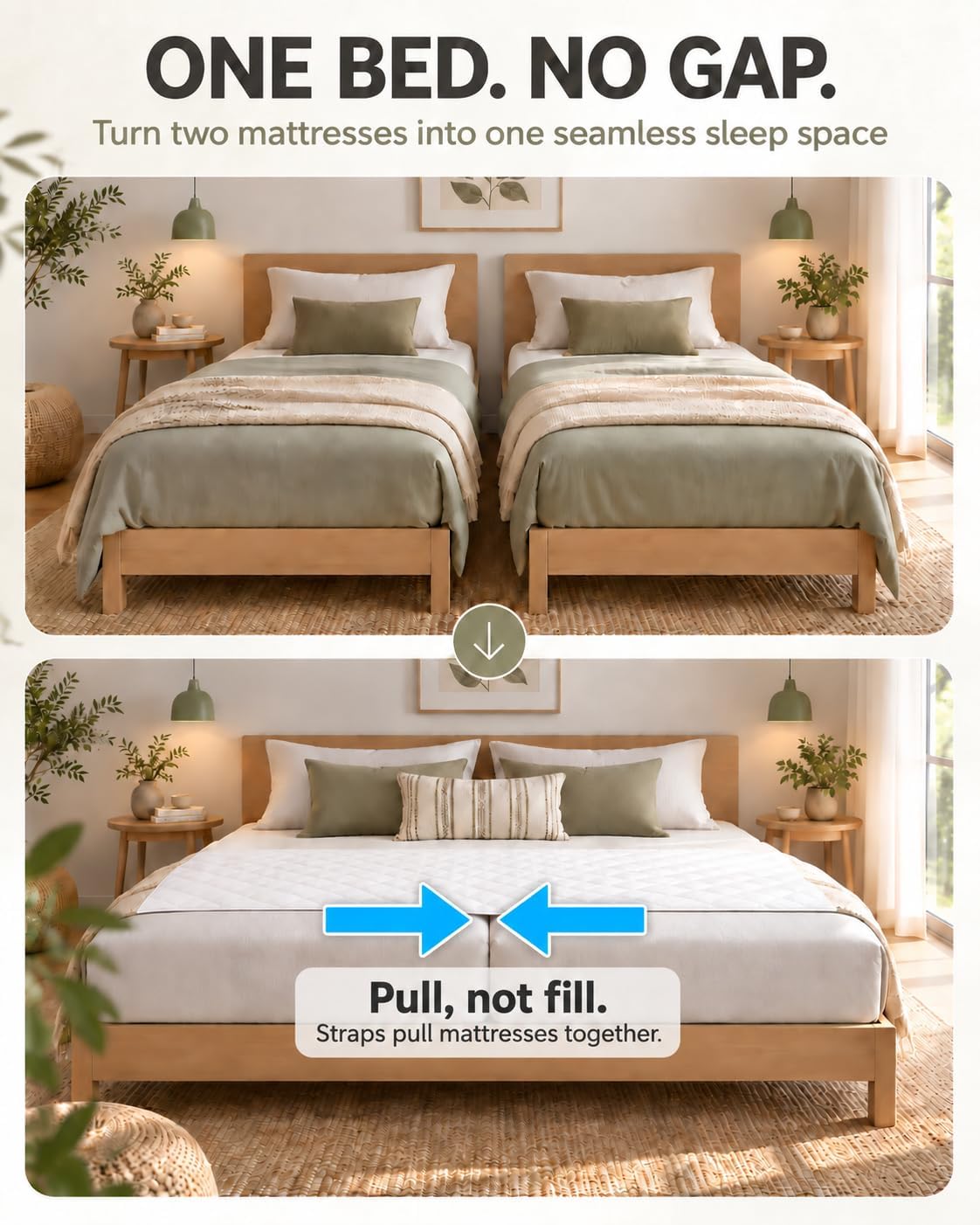 Twin to King Bed Converter, Bed Bridge Mattress Connector with 3 Adjustable Straps and Metal Buckles, Split King Gap Filler for Two Twin Beds, Polyester Mattress Joiner for Guest Room